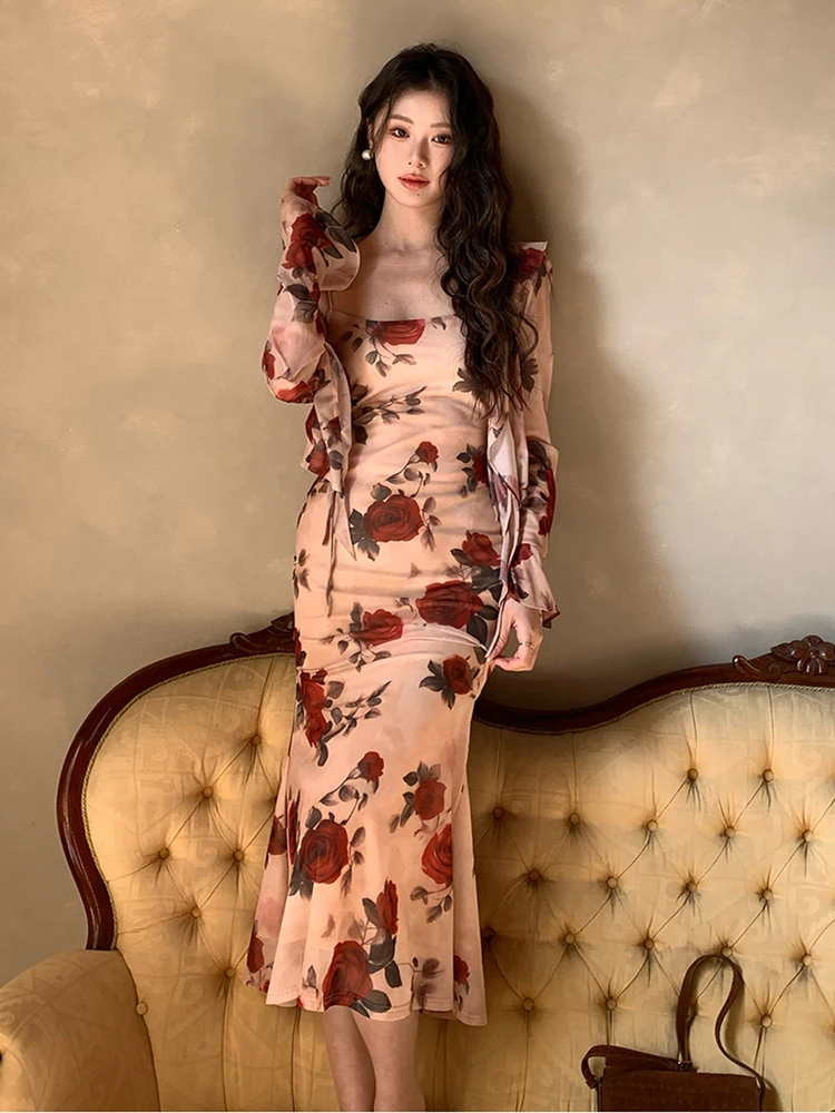 Runway Spring Summer Rose Printing Party Dress Suits Women Short Coat + Sexy Spaghetti Strap Mermaid Dresses Two Piece Set
Runway Spring Summer Rose Printing Party Dress Suits Women Short Coat + Sexy Spaghetti Strap Mermaid Dresses Two Piece Set