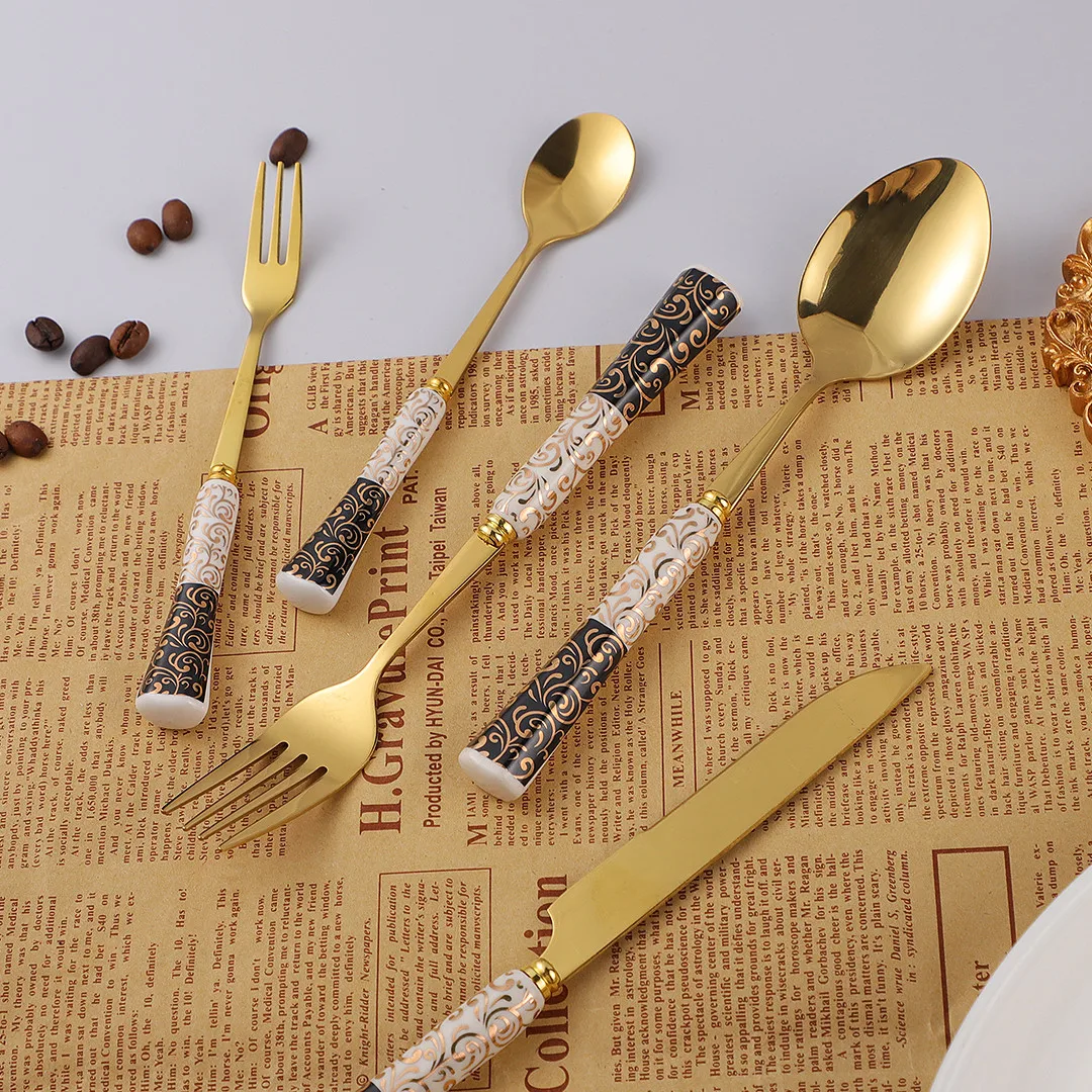 Stainless Steel Cutlery Set Ceramic Handle Black White Gold Pattern Western Dinnerware Fork Knife Spoon Set Kitchen Flatware
Stainless Steel Cutlery Set Ceramic Handle Black White Gold Pattern Western Dinnerware Fork Knife Spoon Set Kitchen Flatware