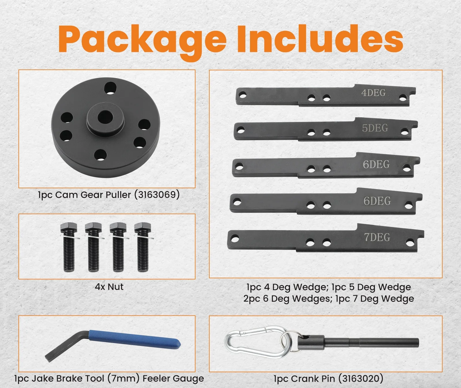 3163020 3163069 Cummins ISX QSX X15 Cam Timing Tool Kit Engine Brake Adjustment with 4/5/6/7 Degree Wedge Replacement Part
3163020 3163069 Cummins ISX QSX X15 Cam Timing Tool Kit Engine Brake Adjustment with 4/5/6/7 Degree Wedge Replacement Part