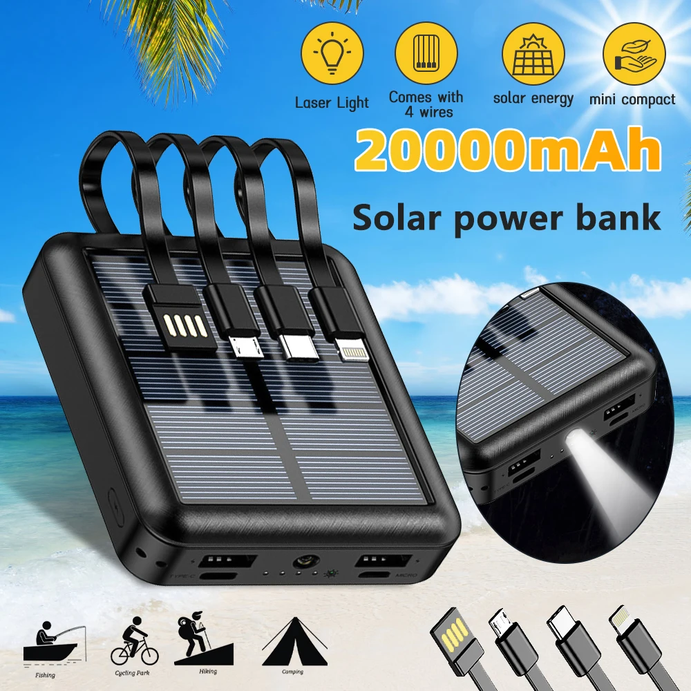 20000mAh Solar Power Bank Dual USB 4 Cables Portable Large Capacity Charger Super Fast Charging USB TypeC Outdoor Power Bank
20000mAh Solar Power Bank Dual USB 4 Cables Portable Large Capacity Charger Super Fast Charging USB TypeC Outdoor Power Bank