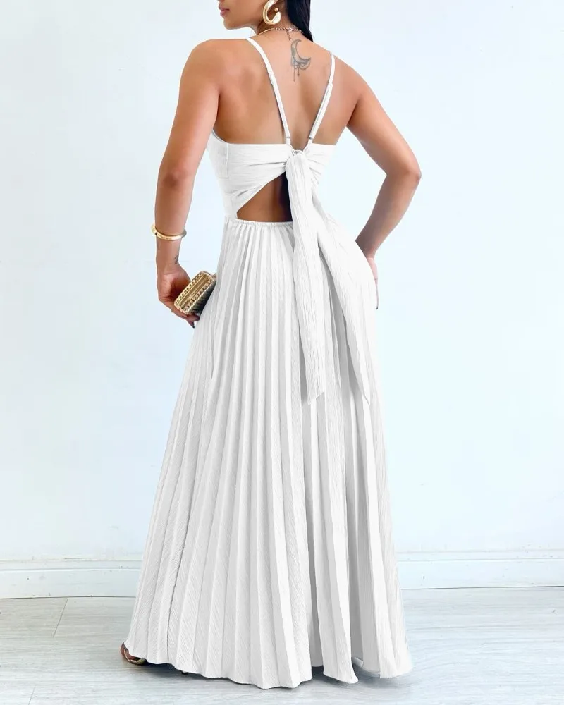 Elegant V-neck Sleeveless Backless Bow Pleated Skirt Dresses for Women A-Line Long Skirt Graceful Vacation Wedding Dress
Elegant V-neck Sleeveless Backless Bow Pleated Skirt Dresses for Women A-Line Long Skirt Graceful Vacation Wedding Dress