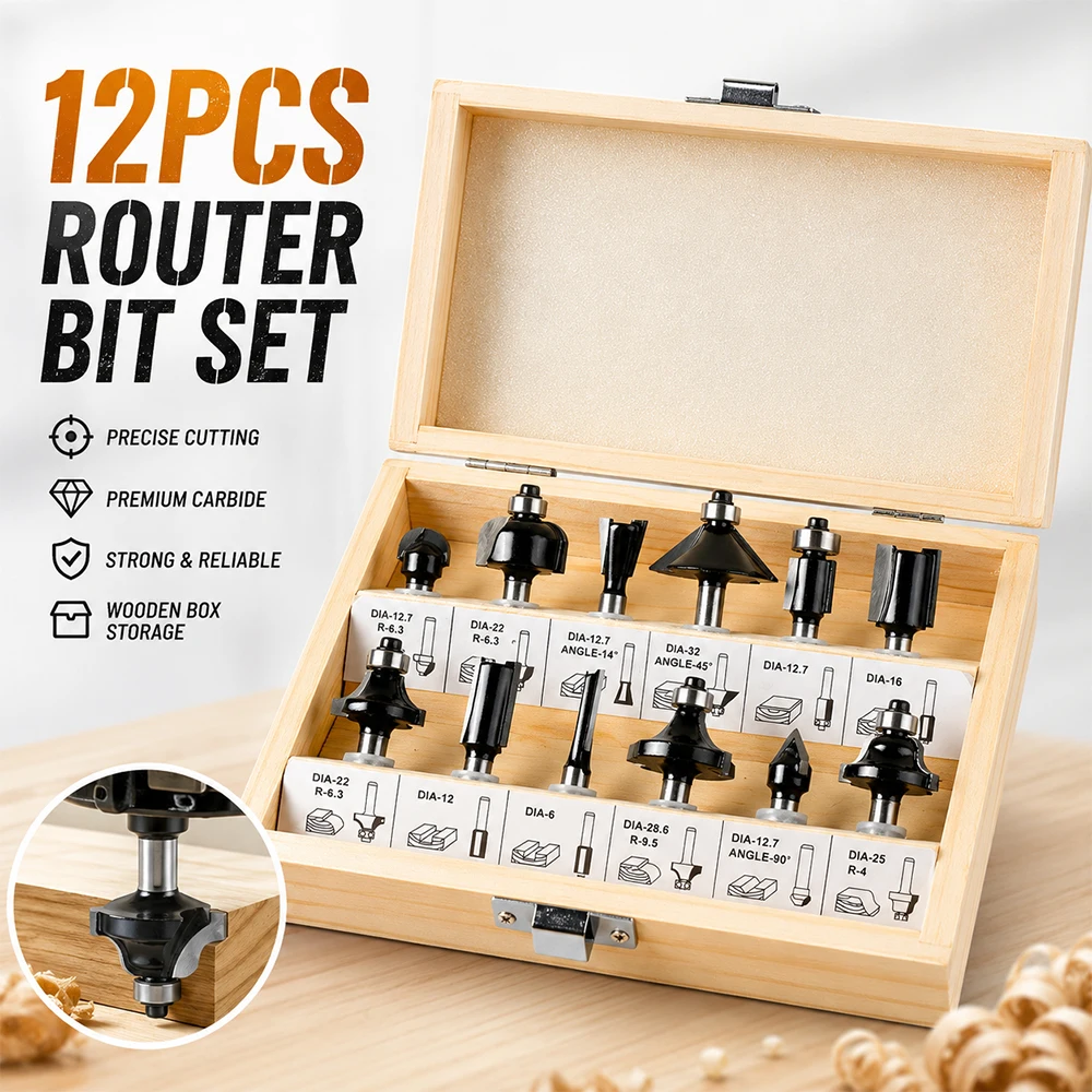 12PCS Carbide Router Bit Set Shank Woodworking Milling Cutter Kit with Wooden Box for Wood Projects
12PCS Carbide Router Bit Set Shank Woodworking Milling Cutter Kit with Wooden Box for Wood Projects