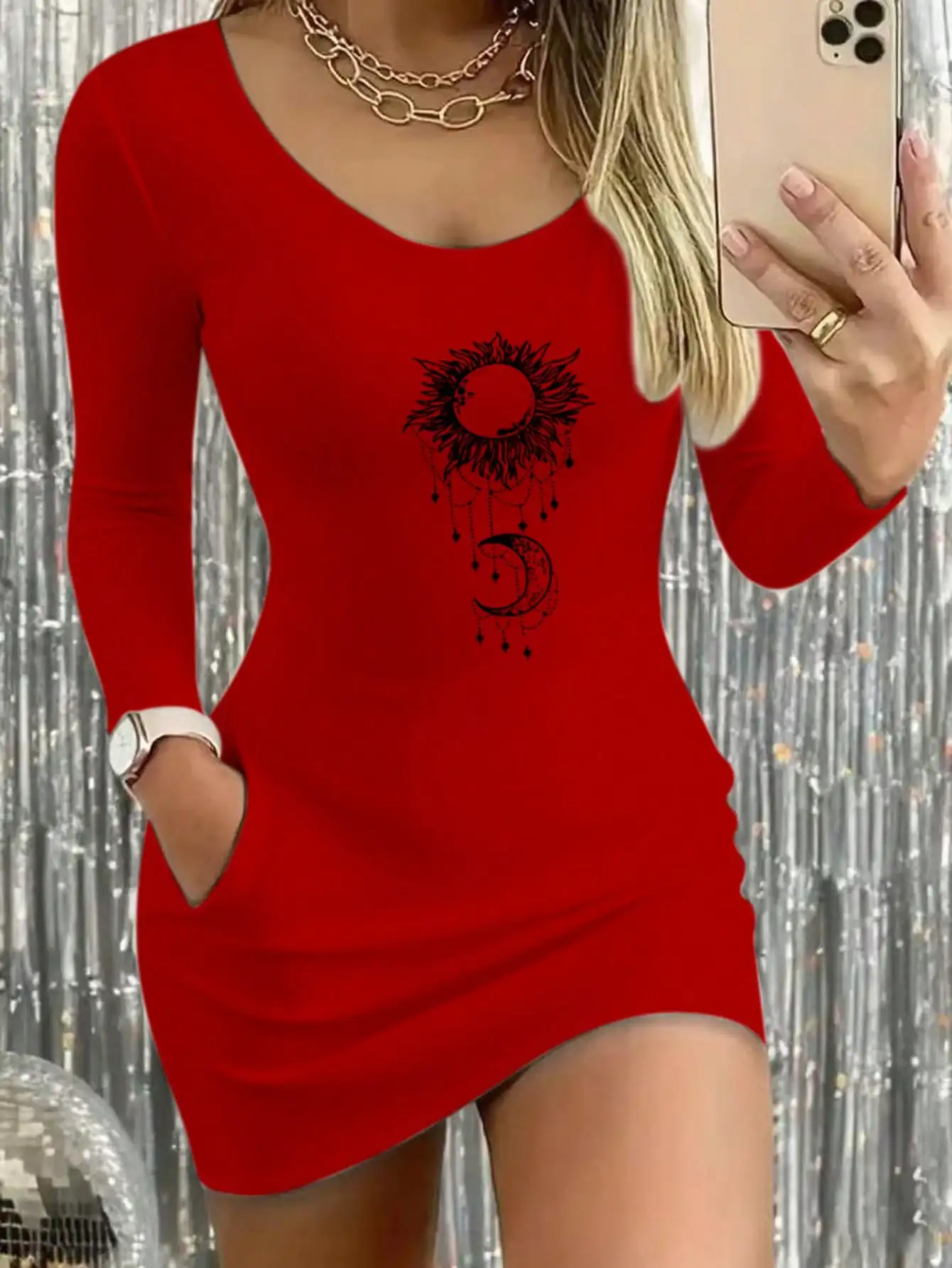 2026 casual sexy women's sun and moon pattern printed round neck comfortable solid color tight long sleeved dress short skirt
2026 casual sexy women's sun and moon pattern printed round neck comfortable solid color tight long sleeved dress short skirt