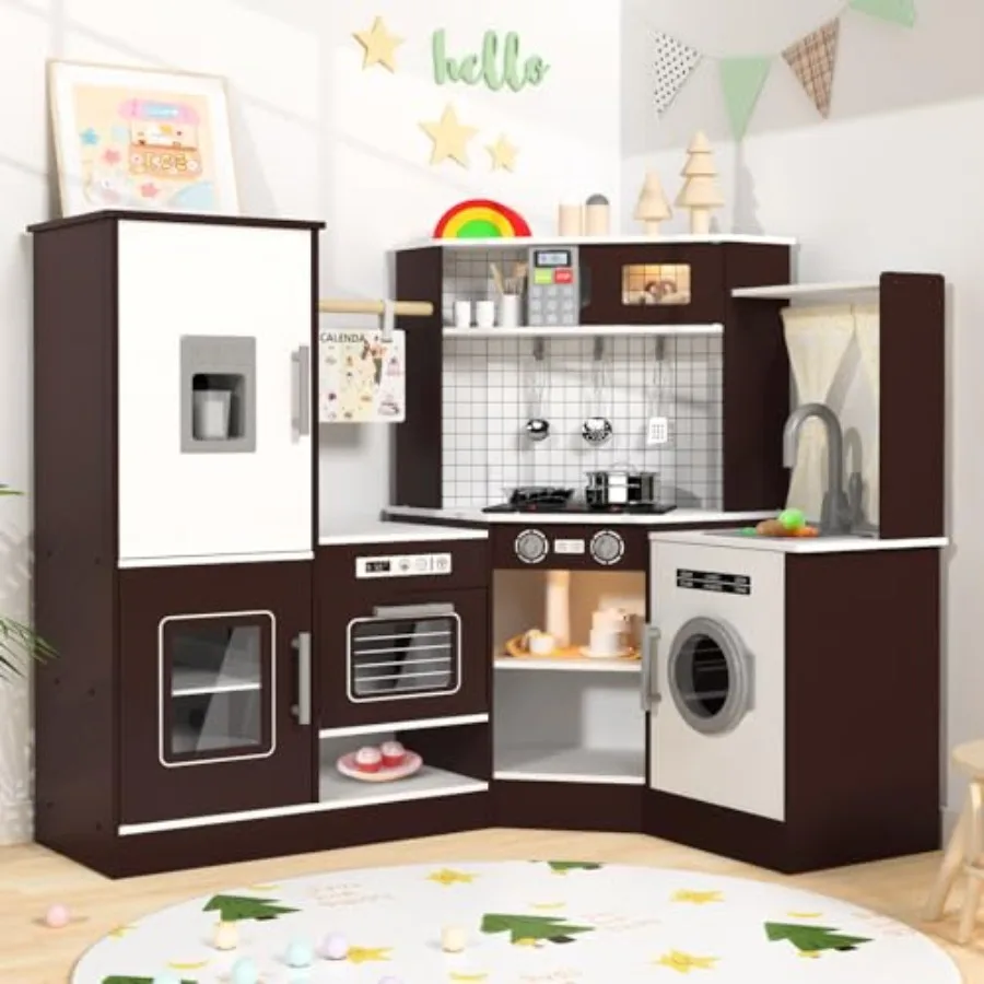 Corner Wooden Play Kitchen Set for:Coffee-Colored, Realistic Lights Sounds, Includes Stove, Microwave, Ice Maker Accessories, I
Corner Wooden Play Kitchen Set for:Coffee-Colored, Realistic Lights Sounds, Includes Stove, Microwave, Ice Maker Accessories, I
