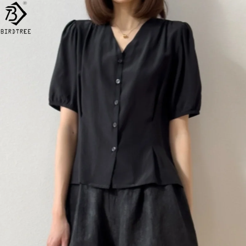 BirdTree Summer 100% Mulberry Silk Black Shirt,Woman Double Crepe Puff Sleeve V-neck Defined Waist Blouse,2025 New T56719JF
BirdTree Summer 100% Mulberry Silk Black Shirt,Woman Double Crepe Puff Sleeve V-neck Defined Waist Blouse,2025 New T56719JF