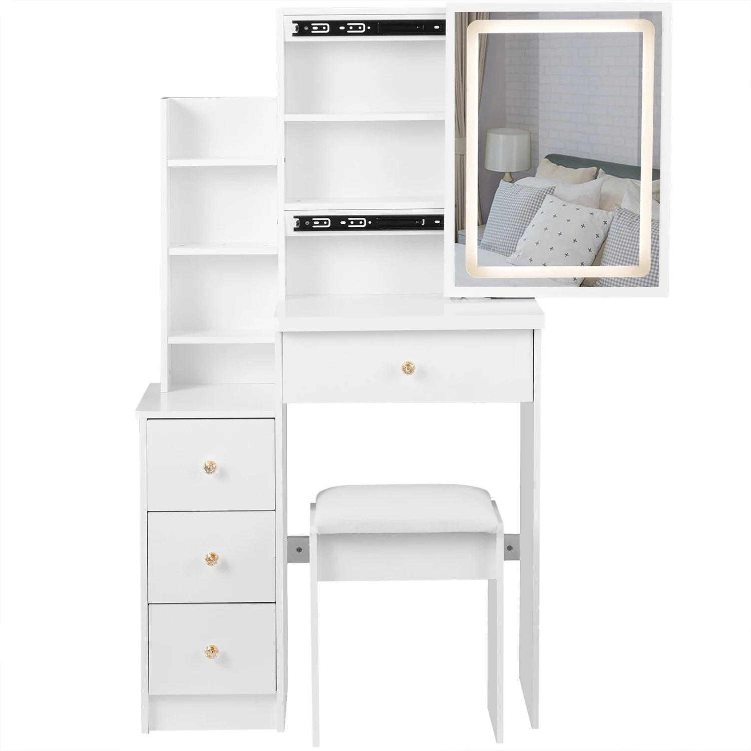 Small Size Left Bedside Cabinet Vanity Table + Cushioned Stool, Touch Control Sliding LED Mirror, Tri-color Switching, Brightnes
Small Size Left Bedside Cabinet Vanity Table + Cushioned Stool, Touch Control Sliding LED Mirror, Tri-color Switching, Brightnes