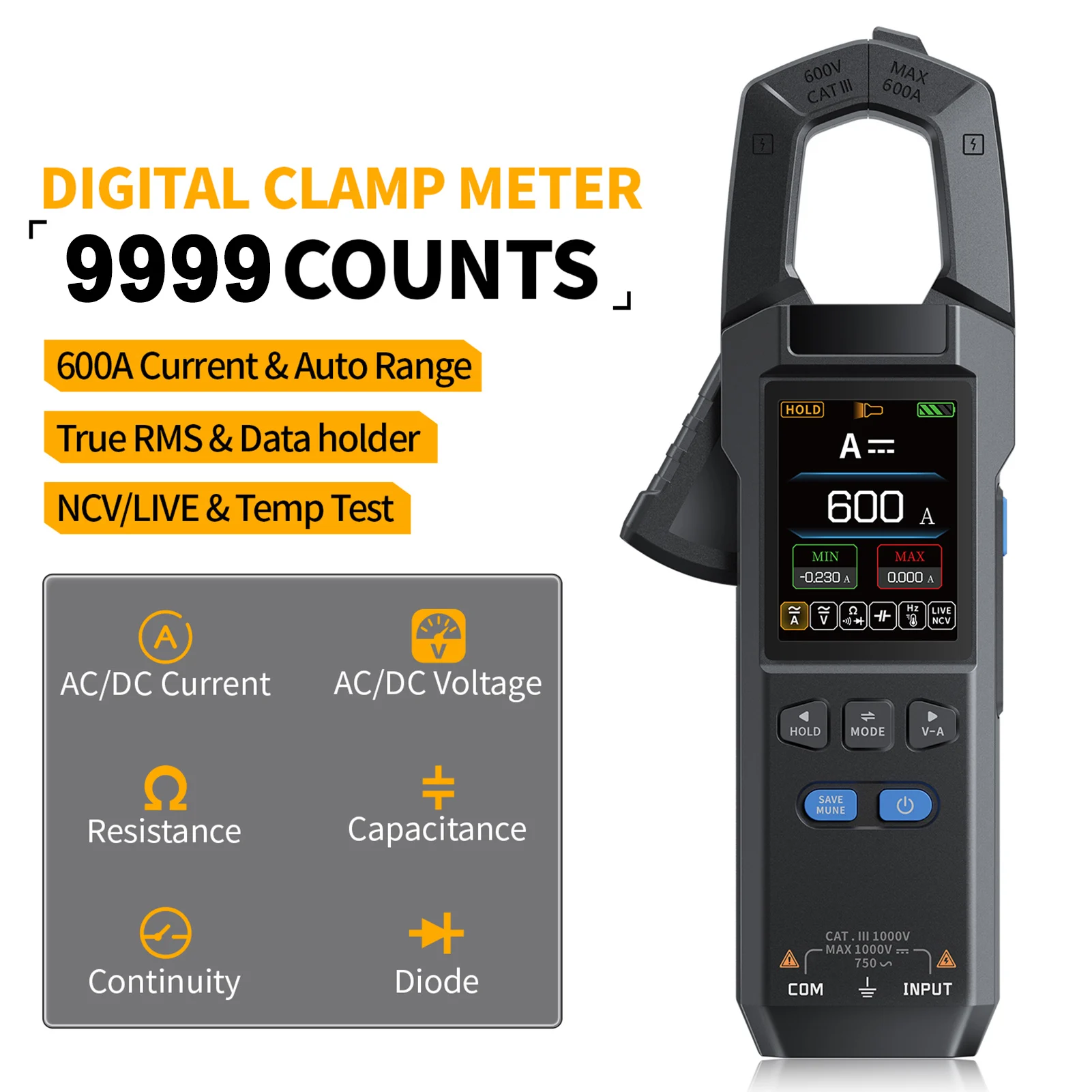 Smart Clamp Meter 9999 Counts Digital MultimeterAC/DC Voltage Current Tester with Temperature Probe Measures Capacitance
Smart Clamp Meter 9999 Counts Digital MultimeterAC/DC Voltage Current Tester with Temperature Probe Measures Capacitance
