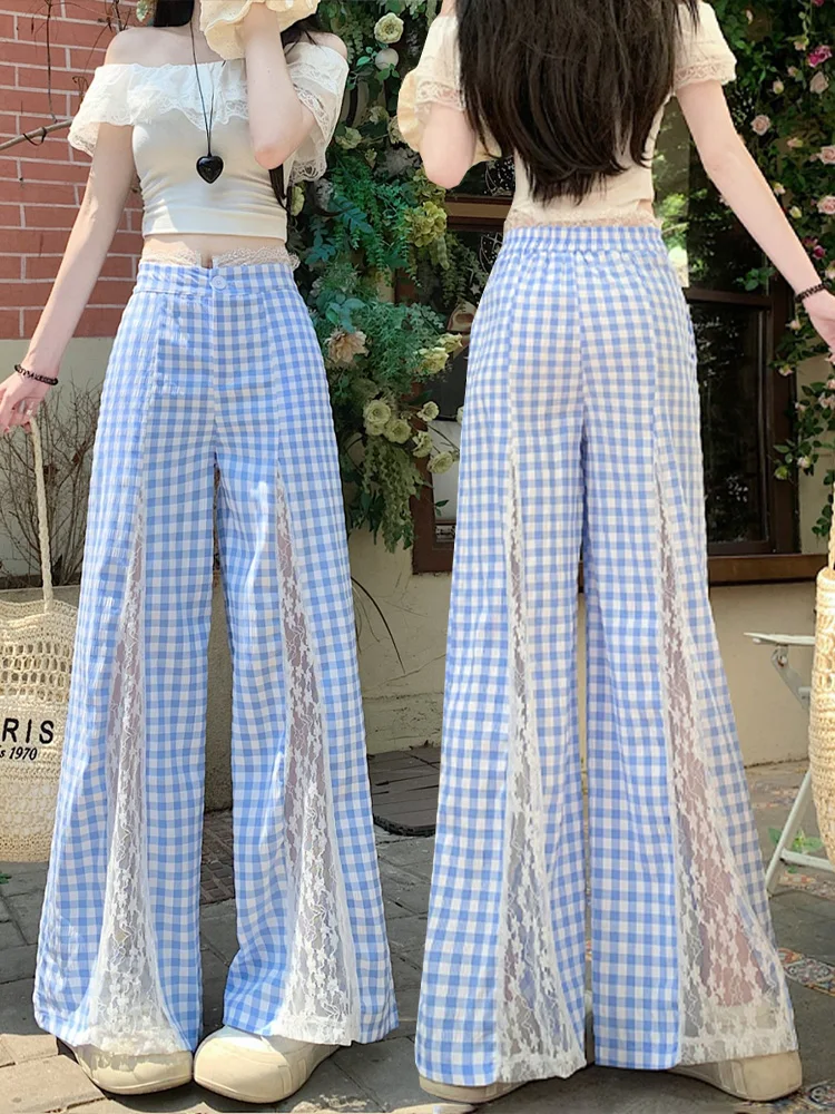 Sweet Lace Splicing Hollow Blue Plaid Pants Children's Summer Loose and Thin Ice Silk Casual Straight Wide-leg Pants Women
Sweet Lace Splicing Hollow Blue Plaid Pants Children's Summer Loose and Thin Ice Silk Casual Straight Wide-leg Pants Women