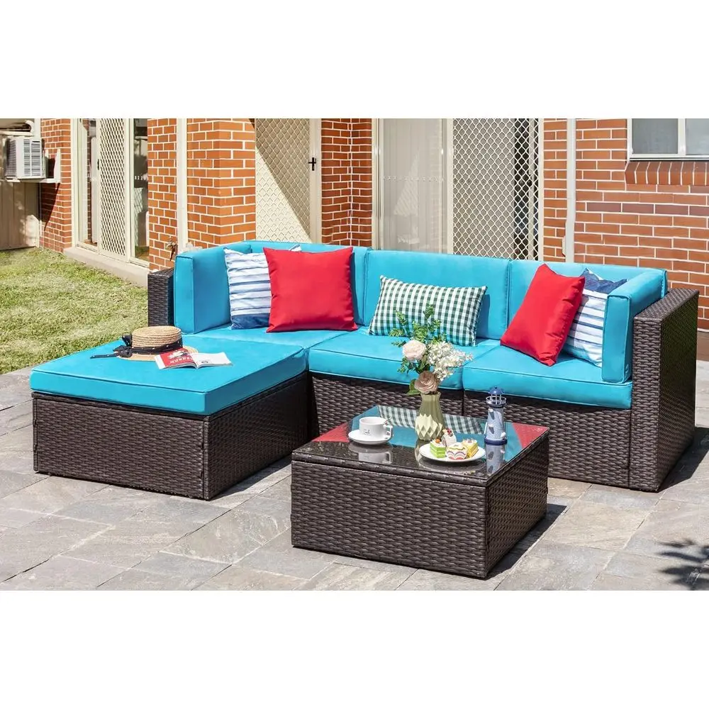 All-Weather Brown PE Wicker Outdoor Patio Sectional Sofa Set with Ottoman and Glass Table, Blue
All-Weather Brown PE Wicker Outdoor Patio Sectional Sofa Set with Ottoman and Glass Table, Blue