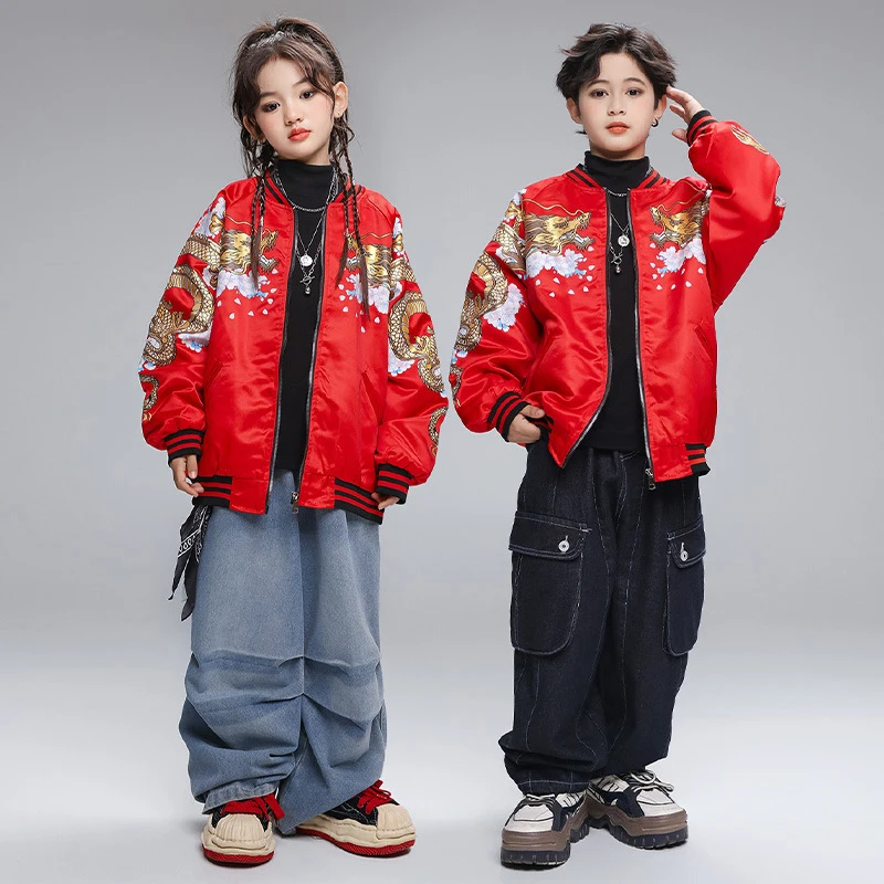 Kid Chinese Hip Hop Clothing Red Dragon Baseball Jacket Top Denim Blue Parachute Jeans Pants for Girl Boy Dance Costume Clothes
Kid Chinese Hip Hop Clothing Red Dragon Baseball Jacket Top Denim Blue Parachute Jeans Pants for Girl Boy Dance Costume Clothes