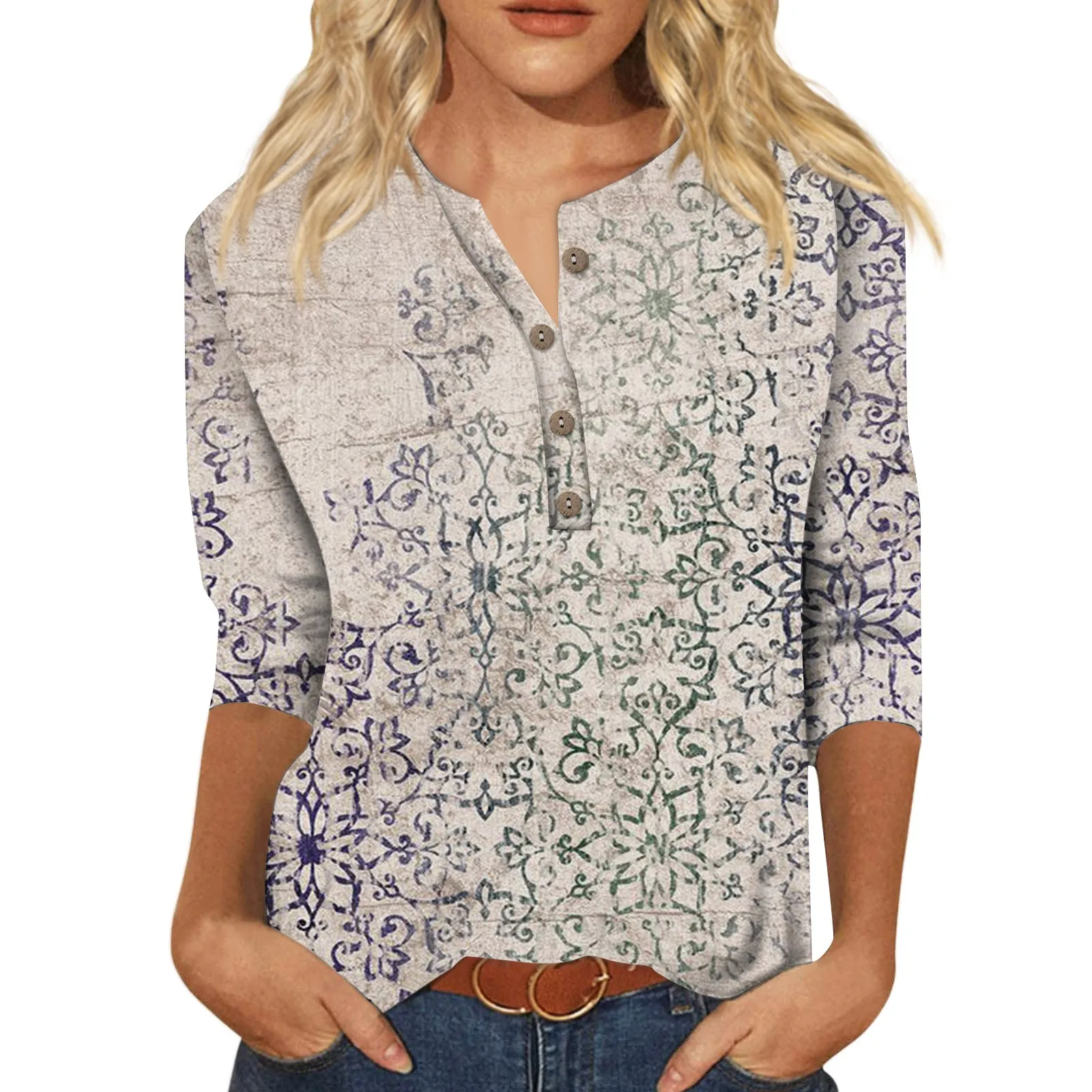 Tops Women Fashion Print Casual Long Sleeve Seven Part Sleeve Button Retro Print Neck Top Vintage Shirts Roupas Feminina
Tops Women Fashion Print Casual Long Sleeve Seven Part Sleeve Button Retro Print Neck Top Vintage Shirts Roupas Feminina