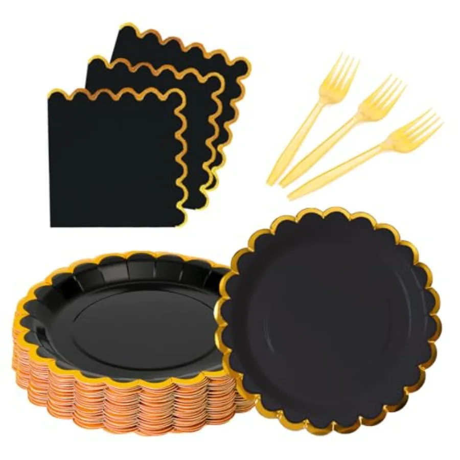 black and gold scalloped party plates wit napkins and k gold f border, 24 Guest Black disable Tableware Set Party ration Birty
black and gold scalloped party plates wit napkins and k gold f border, 24 Guest Black disable Tableware Set Party ration Birty