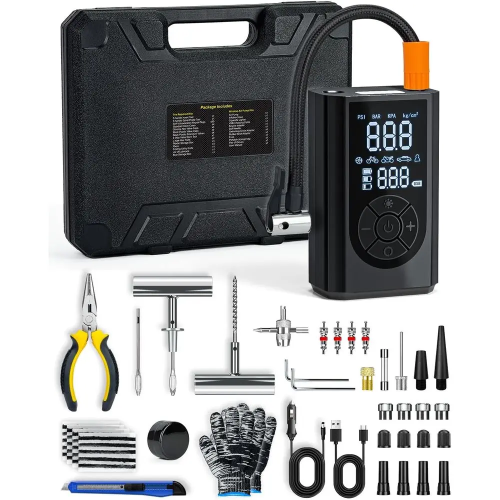 All-in-One 58-Piece Tire Repair Kit with Portable Air Compressor for Cars, Motorcycles, and More
All-in-One 58-Piece Tire Repair Kit with Portable Air Compressor for Cars, Motorcycles, and More