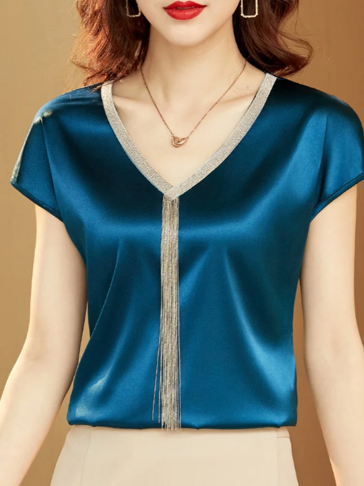 Summer silk women's fashionable solid color short sleeved tassel loose casual V-neck office women's top 15494
Summer silk women's fashionable solid color short sleeved tassel loose casual V-neck office women's top 15494