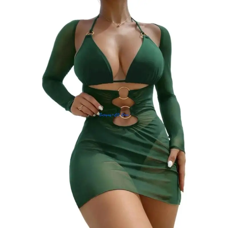 Y51D Women Halters Swimwears Set Solid Color Bathing Suit with Long Sleeves Cover Up
Y51D Women Halters Swimwears Set Solid Color Bathing Suit with Long Sleeves Cover Up