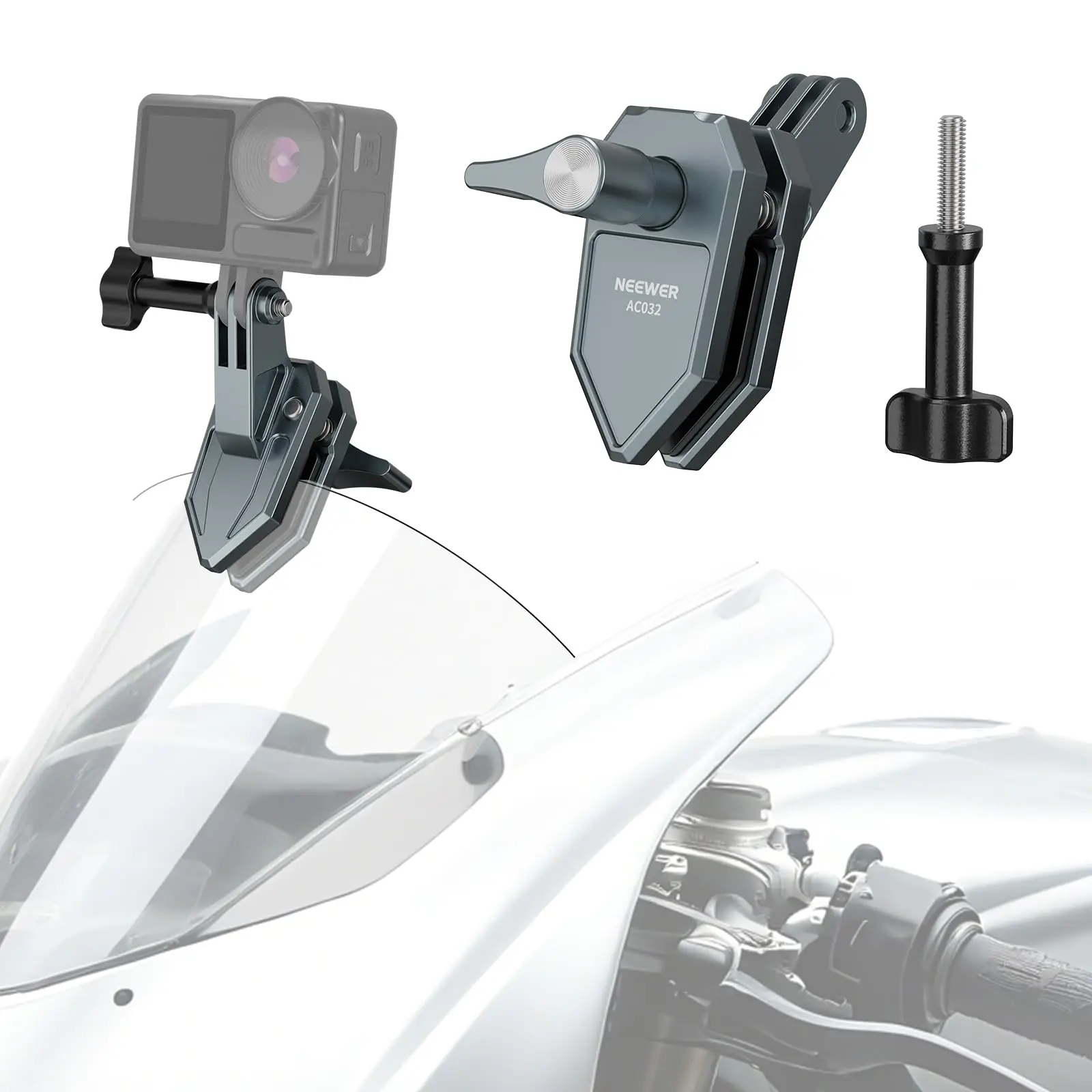 Motorcycle Windshield Action Camera Clamp Mount Clip with 3 Prong Adapter & 1/4" Screw Hole with GoPro Hero 13 12 DJI Adapters
Motorcycle Windshield Action Camera Clamp Mount Clip with 3 Prong Adapter & 1/4" Screw Hole with GoPro Hero 13 12 DJI Adapters