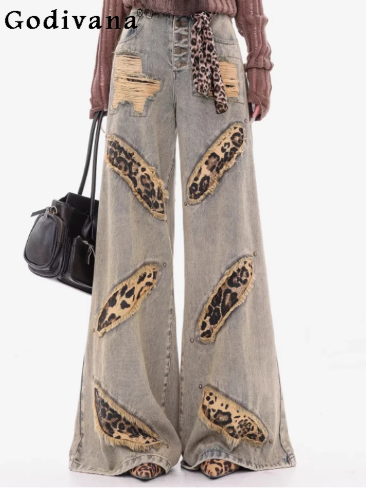 Spring Autumn New Retro Leopard Print Women Rivet Straight-leg Jeans Personalized Loose Blue Versatile Fashion Wide-leg Pants
Spring Autumn New Retro Leopard Print Women Rivet Straight-leg Jeans Personalized Loose Blue Versatile Fashion Wide-leg Pants