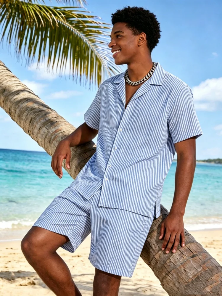 Men's Short Sleeve Lapel Shirt & Shorts Set, Loose Comfort Striped Print Casual Summer Outfit
Men's Short Sleeve Lapel Shirt & Shorts Set, Loose Comfort Striped Print Casual Summer Outfit