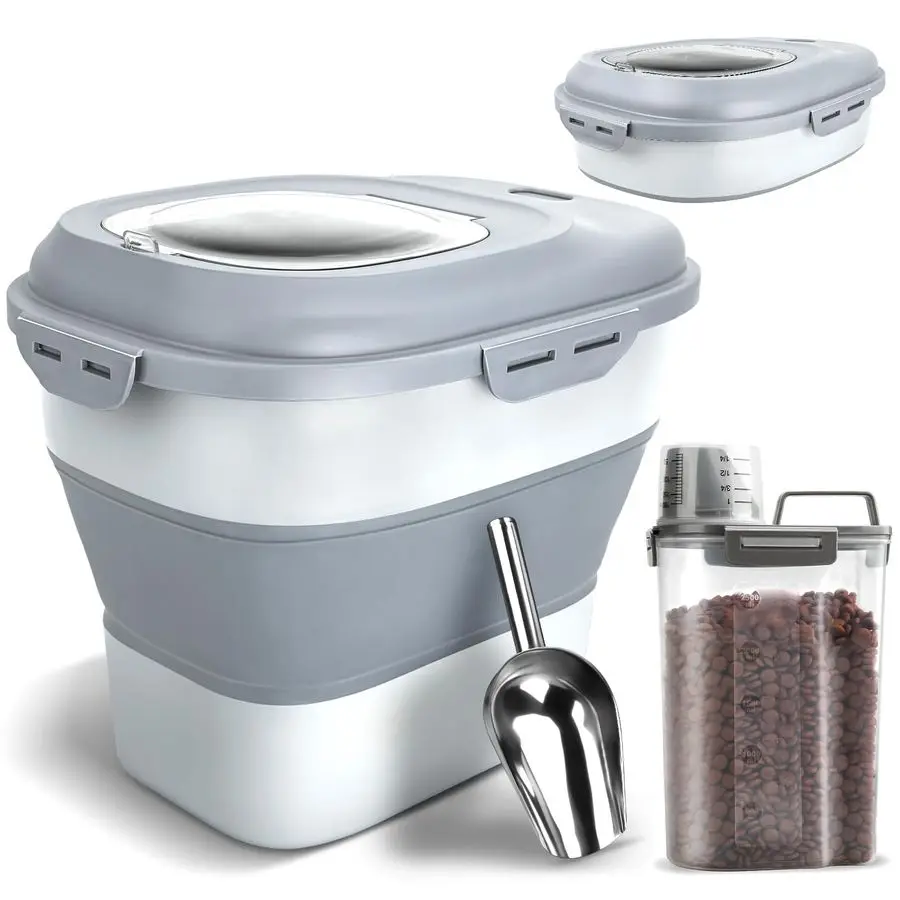 Контейнер для хранения корма, герметичный, складной, для корма для животных весом от 13 до 30 фунтов, с откидной крышкой, на колесиках, с совком и маленьким контейнером на 3 л.
Контейнер для хранения корма, герметичный, складной, для корма для животных весом от 13 до 30 фунтов, с откидной крышкой, на колесиках, с совком и маленьким контейнером на 3 л.