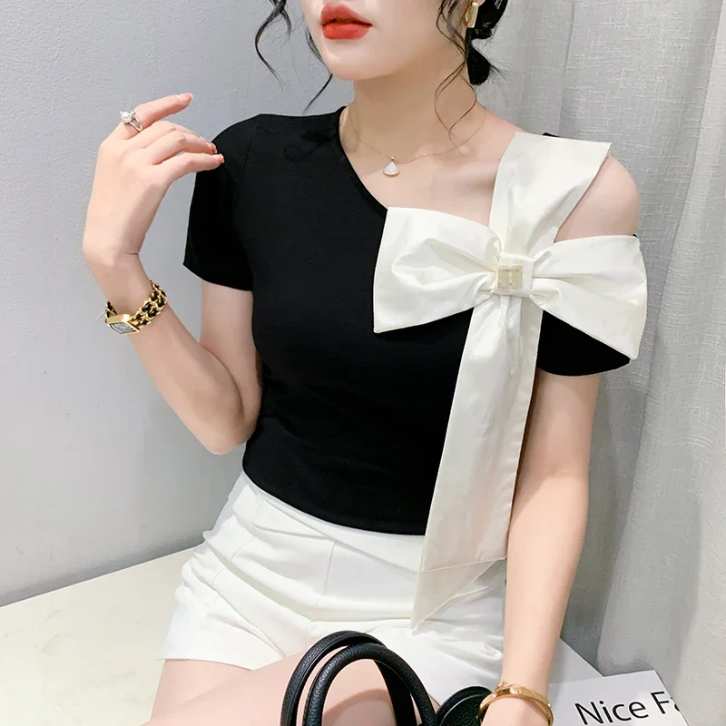 Summer Korean Style New T-Shirt Chic Sexy Hollow Out Skew Collar Color Blocking Big Bow Women Tops Short Sleeve Tees
Summer Korean Style New T-Shirt Chic Sexy Hollow Out Skew Collar Color Blocking Big Bow Women Tops Short Sleeve Tees
