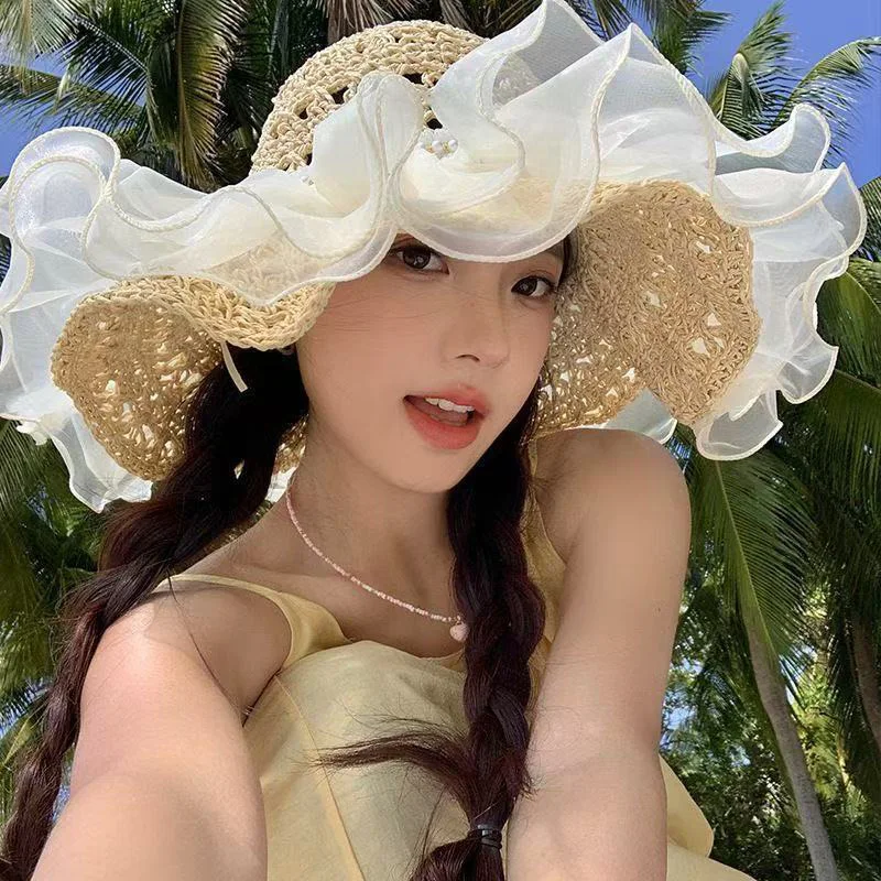 Women's Ruffle Organza Straw Sun Hat Lace Pearl Trim Straw Hat Hollow Crochet Wide Brim Beach Hat for Summer Vacation Travel
Women's Ruffle Organza Straw Sun Hat Lace Pearl Trim Straw Hat Hollow Crochet Wide Brim Beach Hat for Summer Vacation Travel