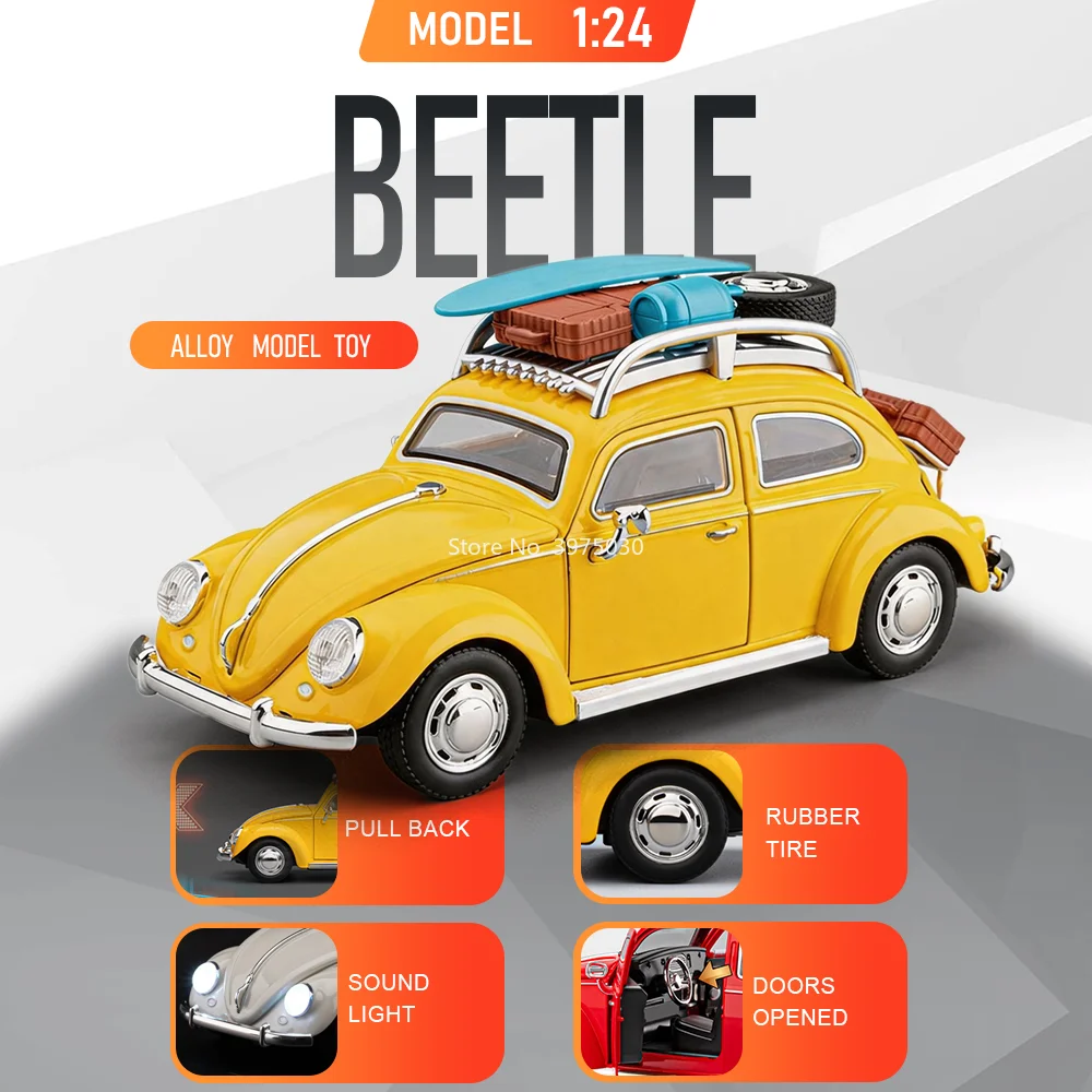 1:24 Volkswagen Beetle Alloy Diecast Car Toy Miniature Models with Sound Light Pull Back Doors Opened Vehices Gifts for Children
1:24 Volkswagen Beetle Alloy Diecast Car Toy Miniature Models with Sound Light Pull Back Doors Opened Vehices Gifts for Children