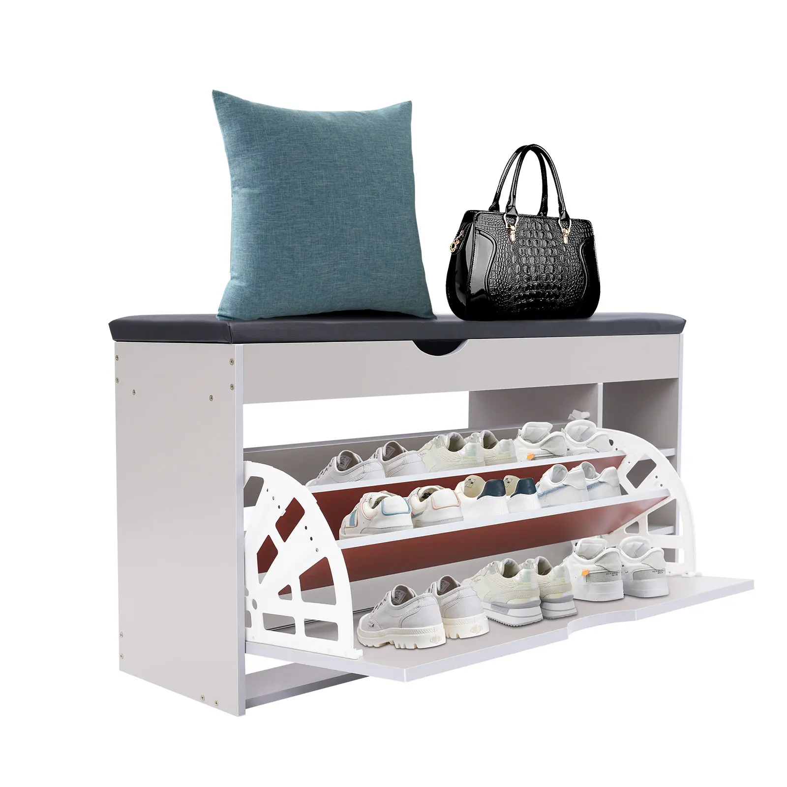 Entryway Shoe Organizer 100cm, Storage Stool with 3 Tier Flip Drawer and Under Seat Storage 110lbs PU MDF Grey Black
Entryway Shoe Organizer 100cm, Storage Stool with 3 Tier Flip Drawer and Under Seat Storage 110lbs PU MDF Grey Black