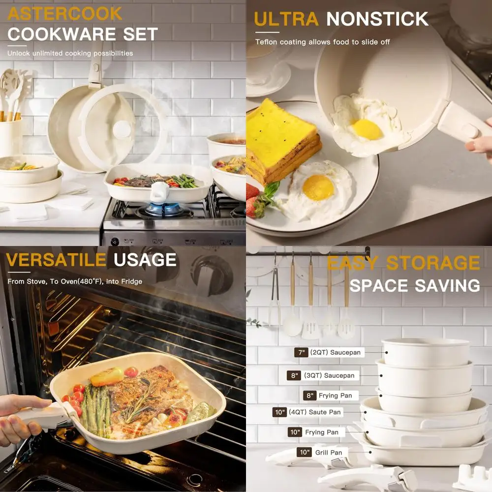 23-Piece Non-Stick Detachable Handle Cookware Set - Stackable, Oven and Induction Safe, Cream
23-Piece Non-Stick Detachable Handle Cookware Set - Stackable, Oven and Induction Safe, Cream