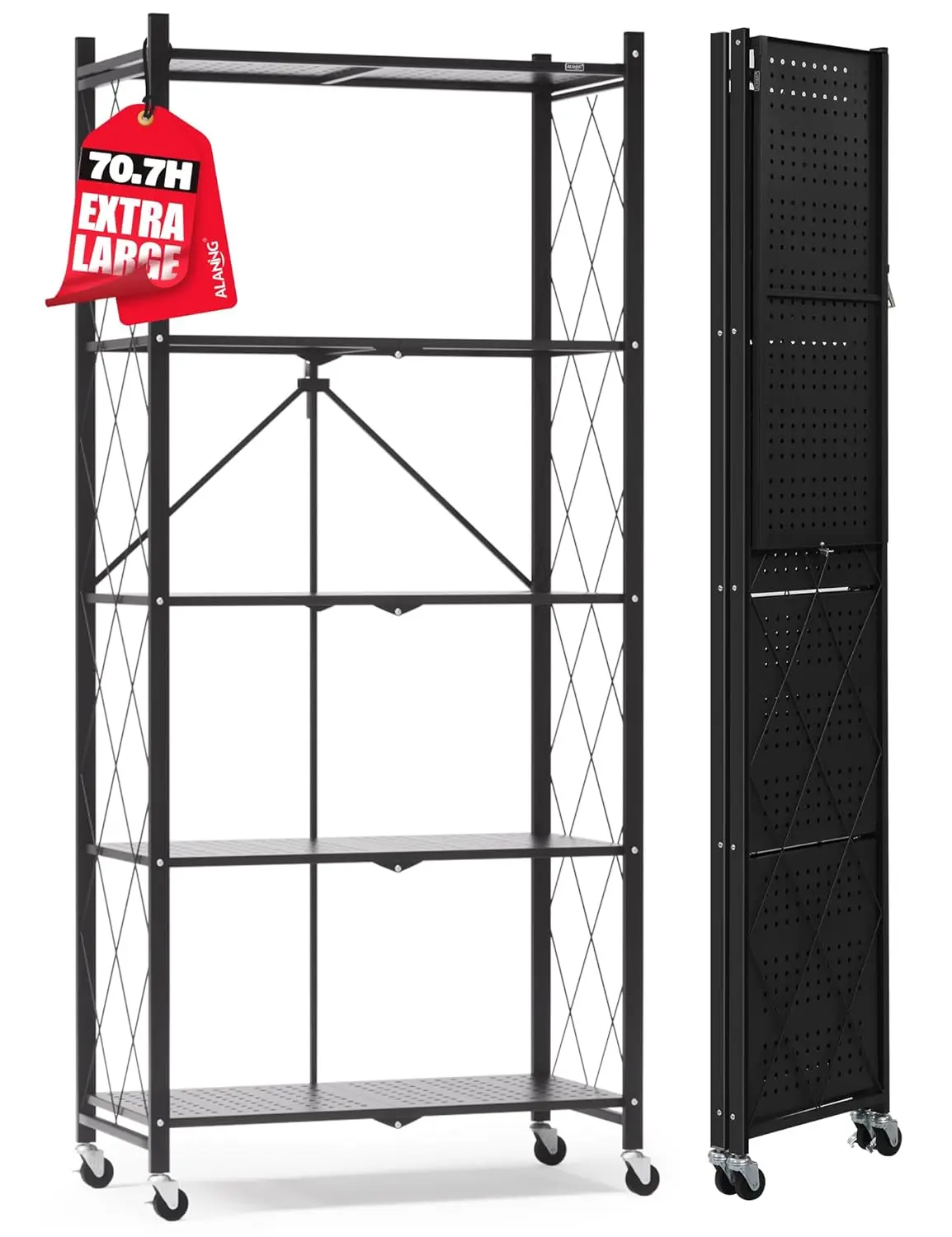 70.7" H Metal Storage Shelves, 5 Tier Folding Shelf on Wheels, Heavy Duty, No Assembly, Rolling, Collapsible Rack Unit, Custom
70.7" H Metal Storage Shelves, 5 Tier Folding Shelf on Wheels, Heavy Duty, No Assembly, Rolling, Collapsible Rack Unit, Custom