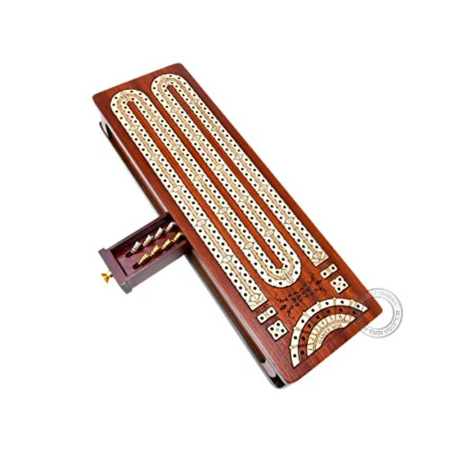 Continuous Cribbage Board Box Inlaid in Bloodwood Maple with 2 Tracks and Sliding Lid Featuring Score Marking Fields for Skunks
Continuous Cribbage Board Box Inlaid in Bloodwood Maple with 2 Tracks and Sliding Lid Featuring Score Marking Fields for Skunks