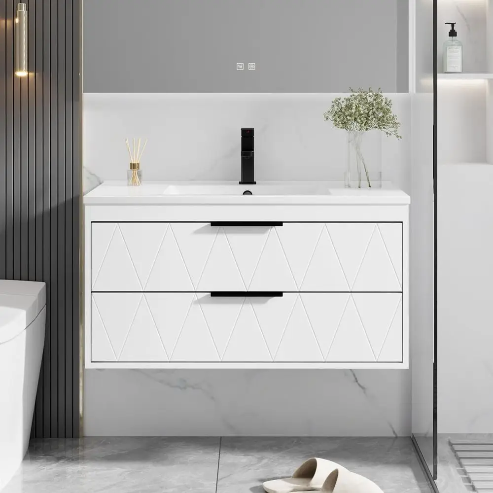 36 Wall-Mounted Floating Vanity with Sink, Soft-Close Drawers, Matte Black Faucet, White
36 Wall-Mounted Floating Vanity with Sink, Soft-Close Drawers, Matte Black Faucet, White