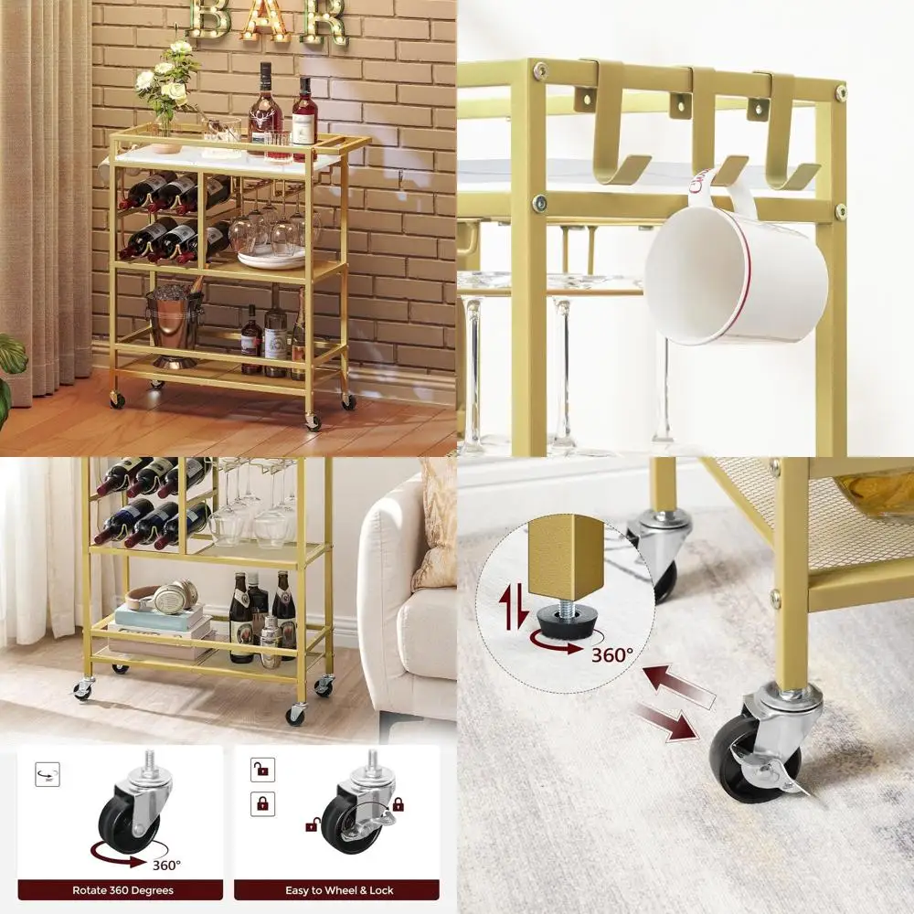 Трехуровневая сервировочная тележка на колесиках с подставкой для вина и держателями для бокалов, золотисто-белая, для кухни и столовой
Трехуровневая сервировочная тележка на колесиках с подставкой для вина и держателями для бокалов, золотисто-белая, для кухни и столовой