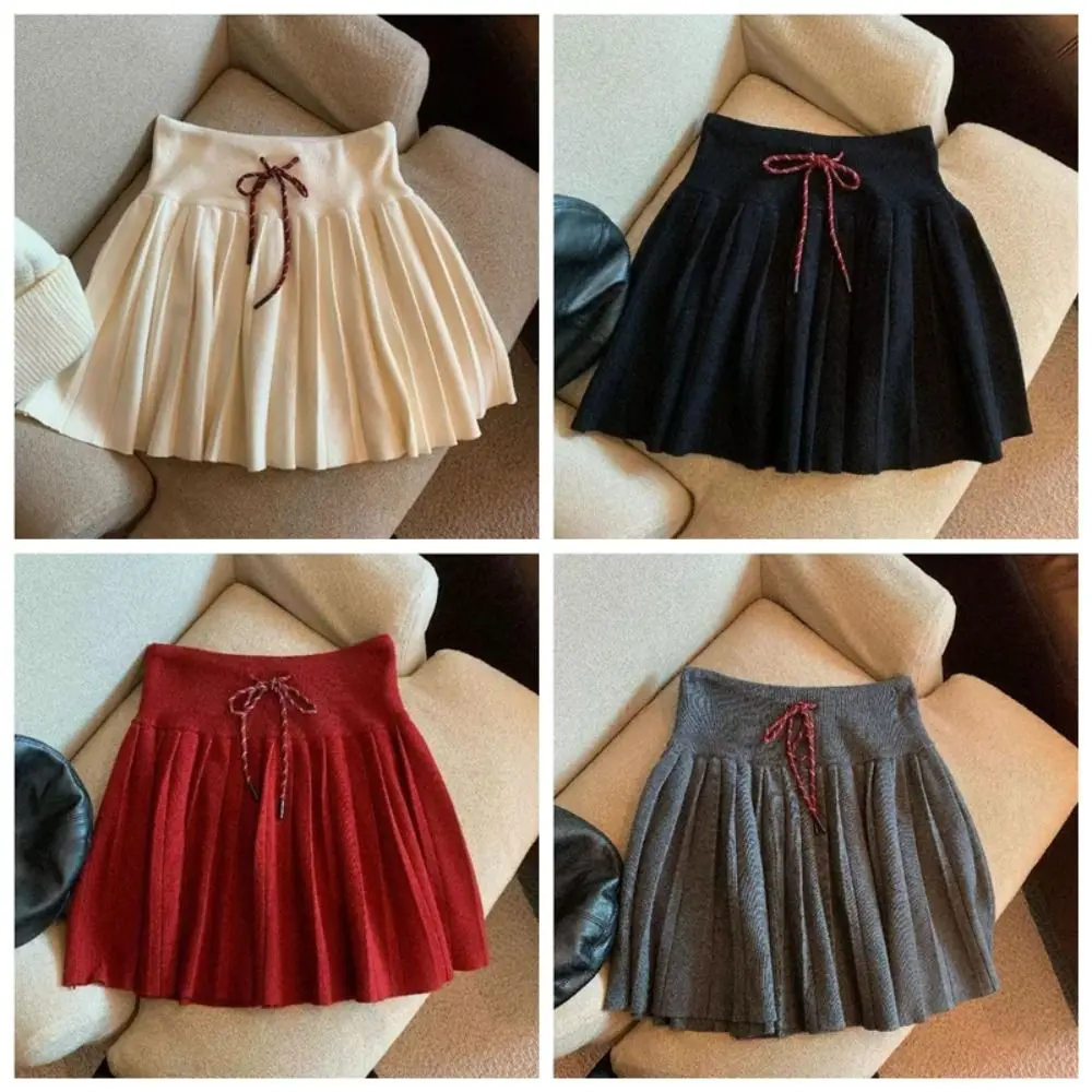 Simple Drawstring Pleated Mini Skirts Preppy Elastic High Waist Skirt Short Korean Style Knitted Mini Skirt Girls Lady
Simple Drawstring Pleated Mini Skirts Preppy Elastic High Waist Skirt Short Korean Style Knitted Mini Skirt Girls Lady