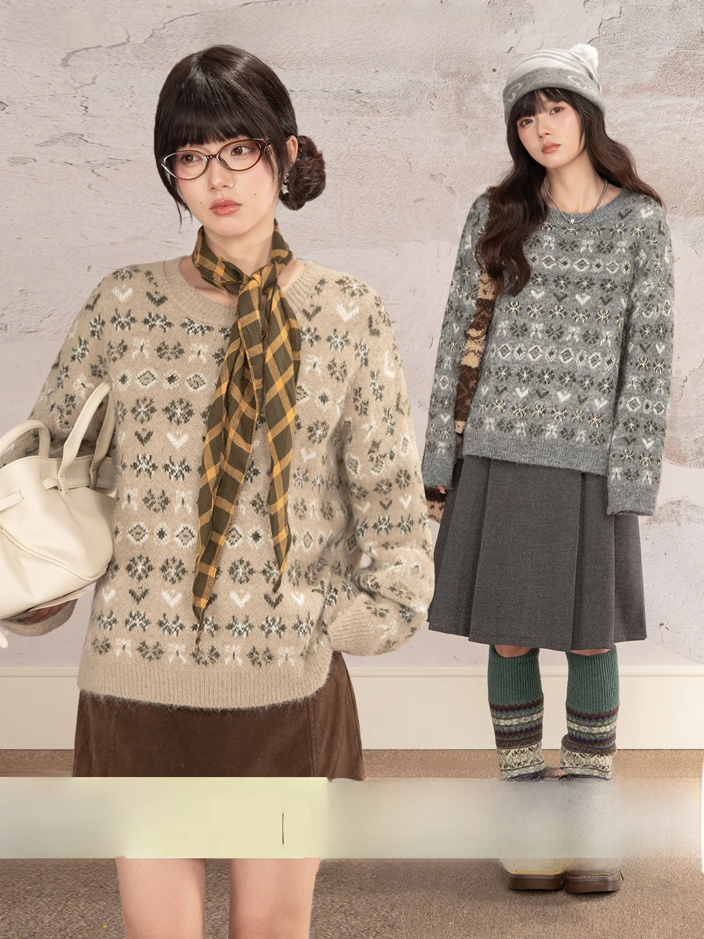 Heynew Grey round Neck Fair Isle Camel Knitwear Women's Loose Slimming Winter Pullover Sweet Style Long Sleeve Geometric Pattern
Heynew Grey round Neck Fair Isle Camel Knitwear Women's Loose Slimming Winter Pullover Sweet Style Long Sleeve Geometric Pattern