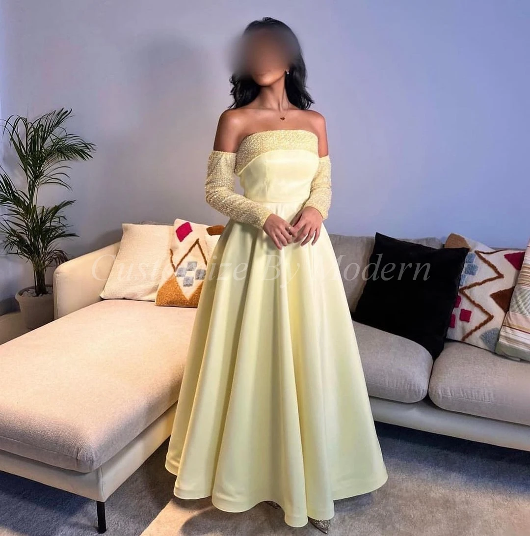 Light Yellow Satin Evening Dresses Strapless Sequins Prom Dresses Long Sleeves Floor Length Wedding Party Dresses
Light Yellow Satin Evening Dresses Strapless Sequins Prom Dresses Long Sleeves Floor Length Wedding Party Dresses