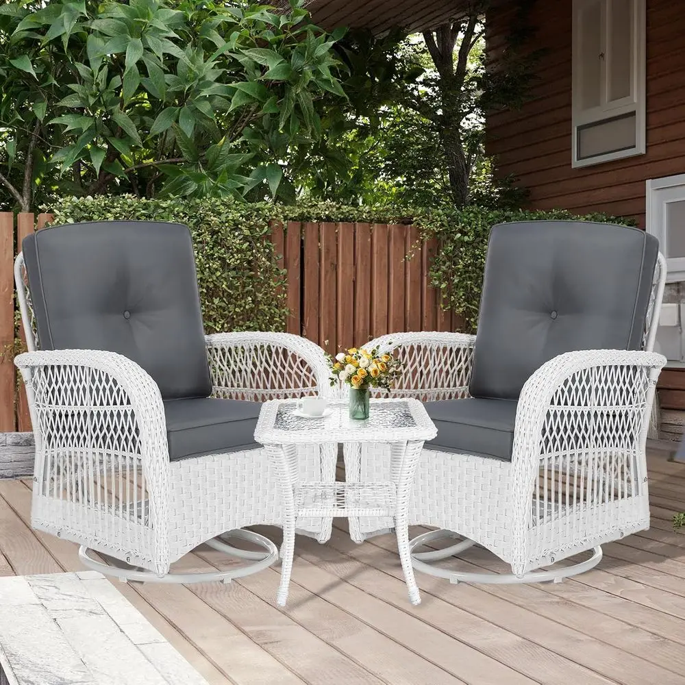 White Outdoor Wicker Swivel Rocker Set with Cushions and Glass Top Coffee Table
White Outdoor Wicker Swivel Rocker Set with Cushions and Glass Top Coffee Table