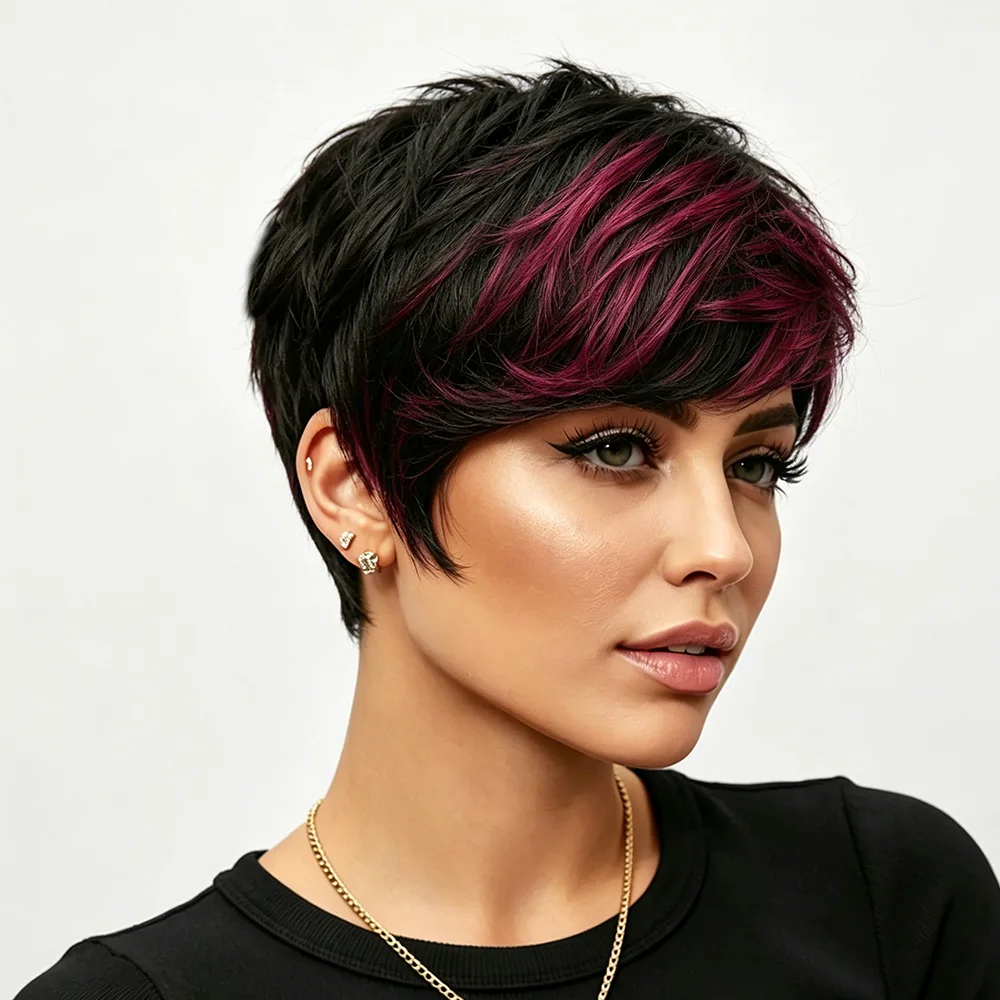 Women'S Short black Burgundy Highlighted Pixie Cut Human Hair Wig With Bangs Realistic Black Burgundy Pixie Wig Machine Made
Women'S Short black Burgundy Highlighted Pixie Cut Human Hair Wig With Bangs Realistic Black Burgundy Pixie Wig Machine Made