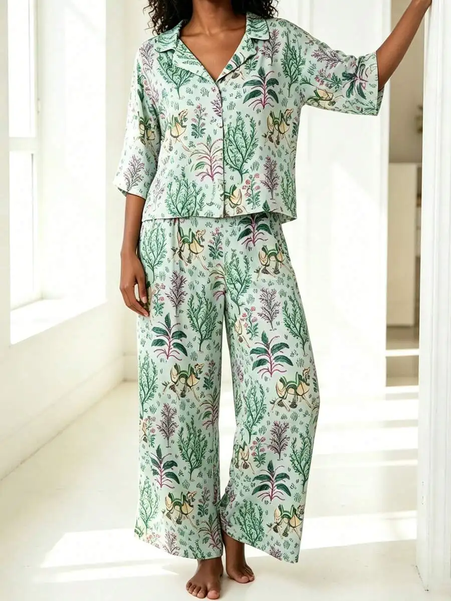 Womens Botanical Print Casual Two-Piece Loungewear Set With 3/4 Sleeve Top And Wide Leg Pants
Womens Botanical Print Casual Two-Piece Loungewear Set With 3/4 Sleeve Top And Wide Leg Pants