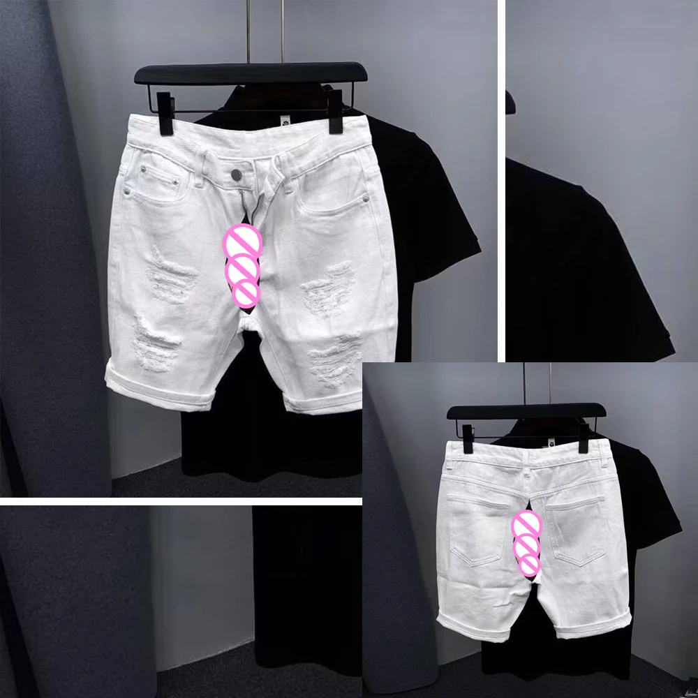 Невидимые открытые промежности, повседневные трендовые летние рваные джинсовые шорты для уличного секса, мужские белые брюки с пятью точками, экзотические брюки 
Невидимые открытые промежности, повседневные трендовые летние рваные джинсовые шорты для уличного секса, мужские белые брюки с пятью точками, экзотические брюки