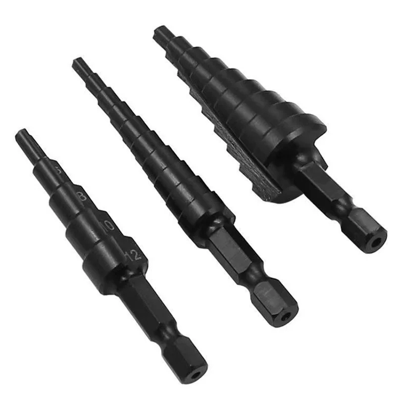 3PC Hex Shank Straight Flute Step Drill, Nitrided Black Spiral Groove Step Drill Bit, High Speed Steel Step Drill Hole Opener
3PC Hex Shank Straight Flute Step Drill, Nitrided Black Spiral Groove Step Drill Bit, High Speed Steel Step Drill Hole Opener