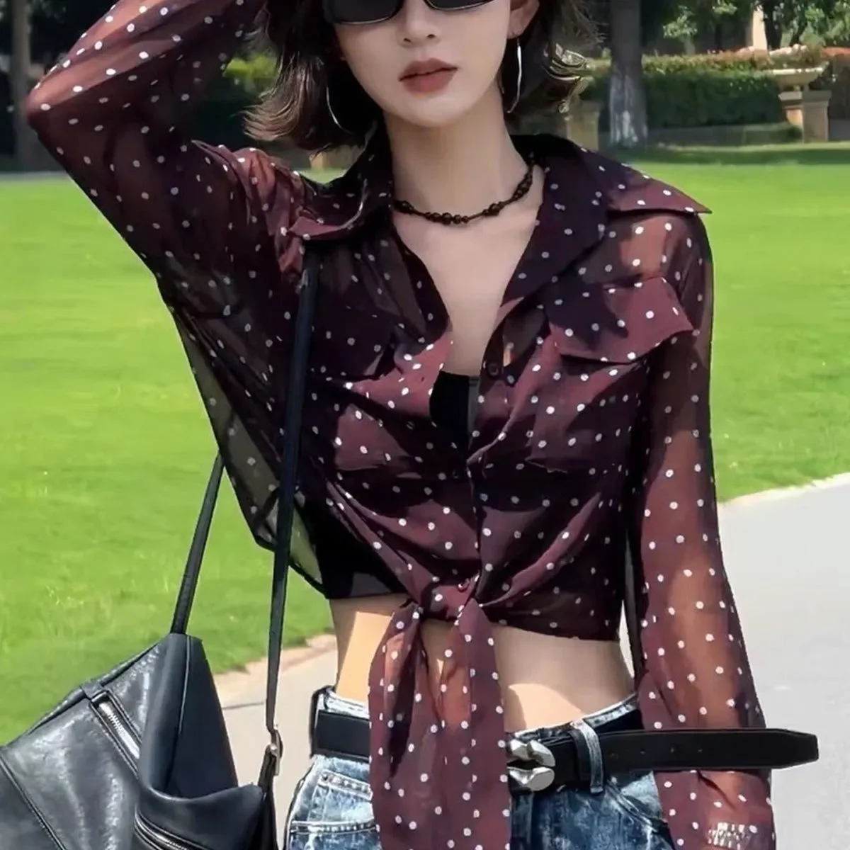 Women's Light Chiffon Sun Protection Polka Dot Shirt Summer Long Sleeve New French Sheer Sexy Crop Top
Women's Light Chiffon Sun Protection Polka Dot Shirt Summer Long Sleeve New French Sheer Sexy Crop Top