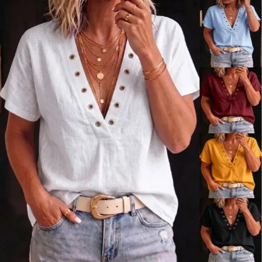 Women's Blouse V Neck Short Sleeve Women's Summer Clothes Solid Color Blouses Loose Fit Lightweight Polyester Top For Woman
Women's Blouse V Neck Short Sleeve Women's Summer Clothes Solid Color Blouses Loose Fit Lightweight Polyester Top For Woman