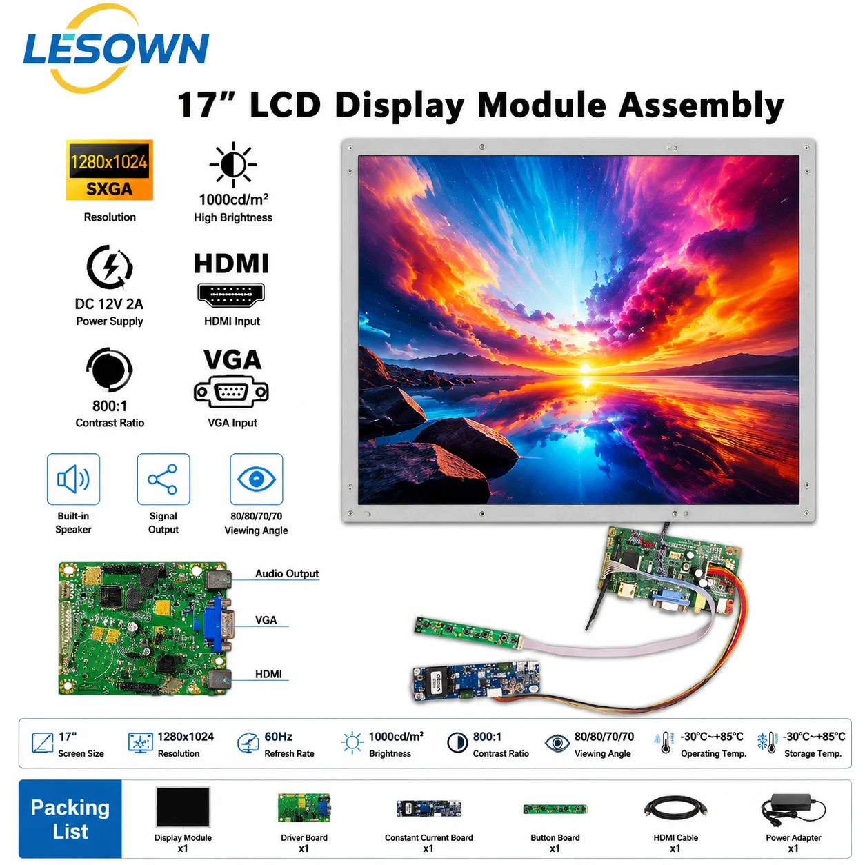LESOWN 17 Inch 1000cd/m2 High Brightness LCD Screen with Board Plug and Play HDTV VGA 12V Monitor Panel Kit
LESOWN 17 Inch 1000cd/m2 High Brightness LCD Screen with Board Plug and Play HDTV VGA 12V Monitor Panel Kit