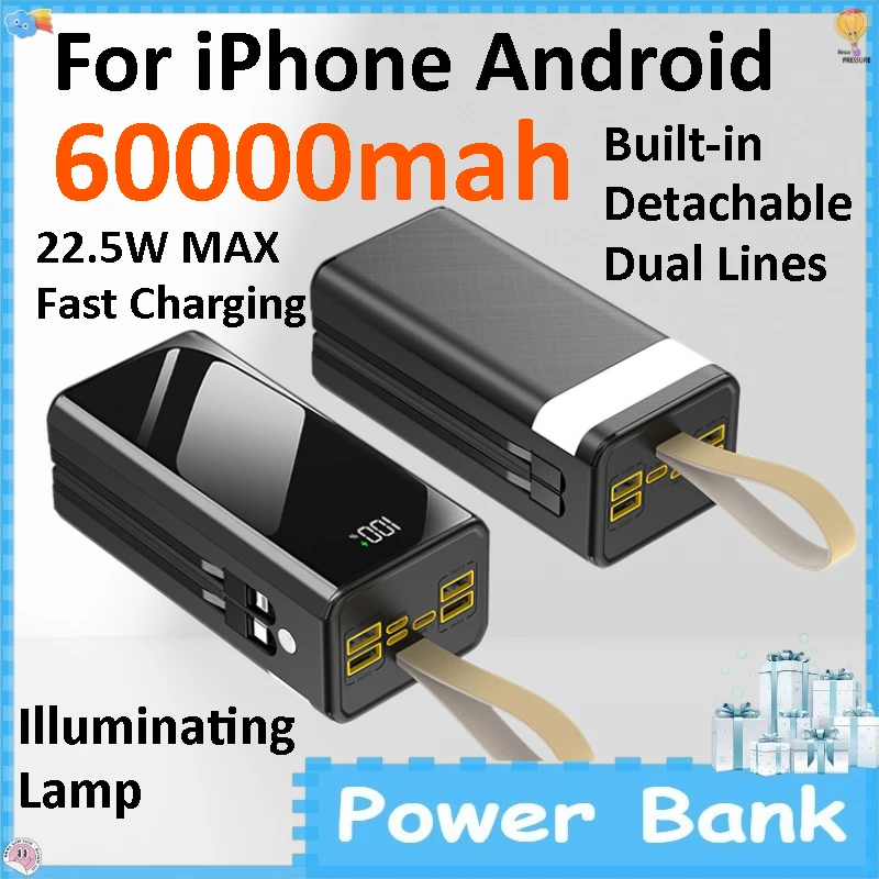 60000mAh Large Capacity Power Bank Fast Charging Built-in Cable Outdoor Camping Light Mobile Power for IPhone Android
60000mAh Large Capacity Power Bank Fast Charging Built-in Cable Outdoor Camping Light Mobile Power for IPhone Android