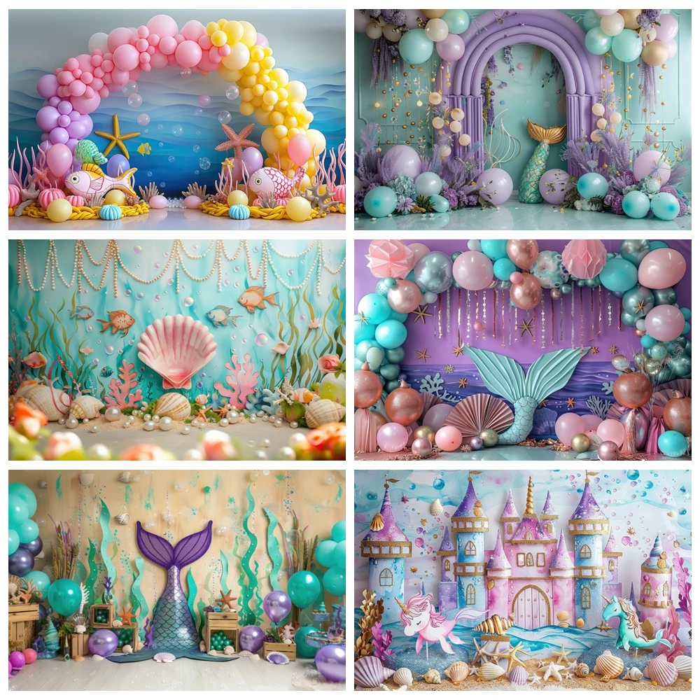 Mermaid theme photography background balloon underwater world shell castle princess girl newborn birthday baby shower custom
Mermaid theme photography background balloon underwater world shell castle princess girl newborn birthday baby shower custom