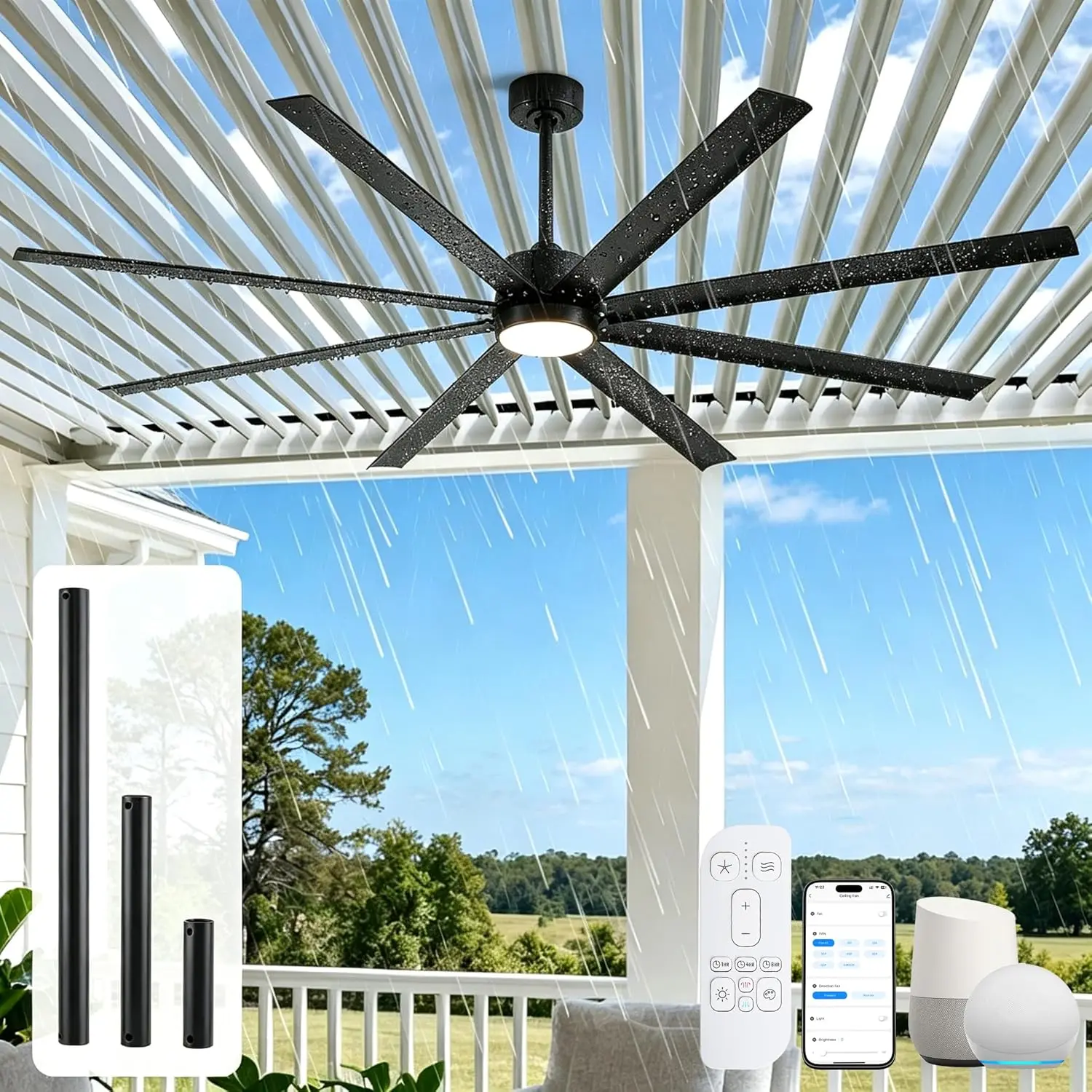 Smart 72-Inch Outdoor Ceiling Fan with Light, All-Weather Wet Rated, 8 Black Industrial Aluminum Blades, High CFM Quiet DC Motor, Alexa & App Controlled for Patio, Gazebo & Large Commercial Spaces
Smart 72-Inch Outdoor Ceiling Fan with Light, All-Weather Wet Rated, 8 Black Industrial Aluminum Blades, High CFM Quiet DC Motor, Alexa & App Controlled for Patio, Gazebo & Large Commercial Spaces