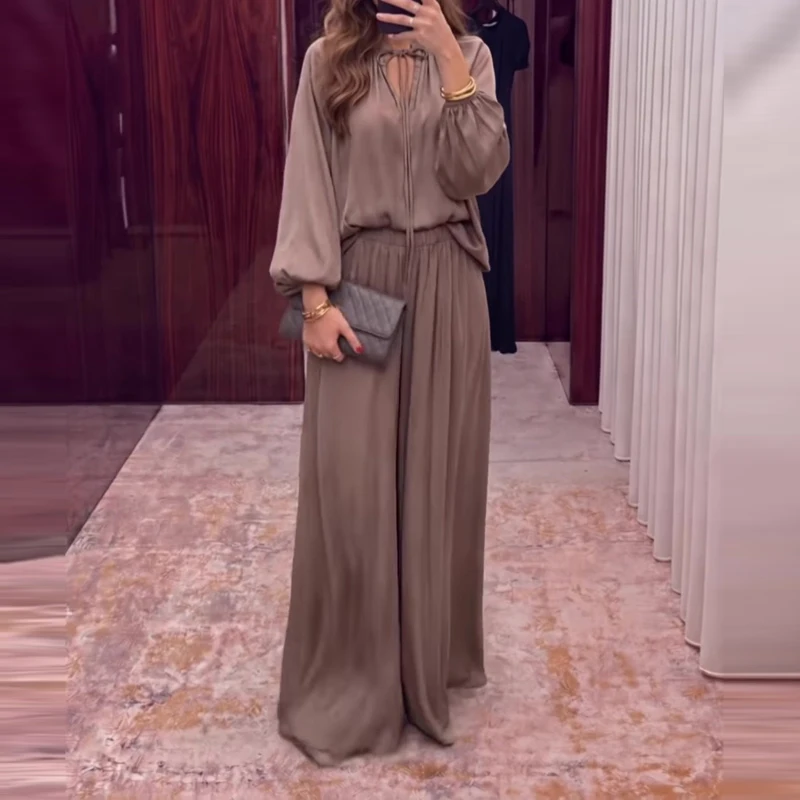 V-neck Lace Up Hollow Blouse & Long Pant Suit Lady Casual Long Sleeve Solid Simple Outfits Fashion Commute Wide Leg Pant 2Pc Set
V-neck Lace Up Hollow Blouse & Long Pant Suit Lady Casual Long Sleeve Solid Simple Outfits Fashion Commute Wide Leg Pant 2Pc Set