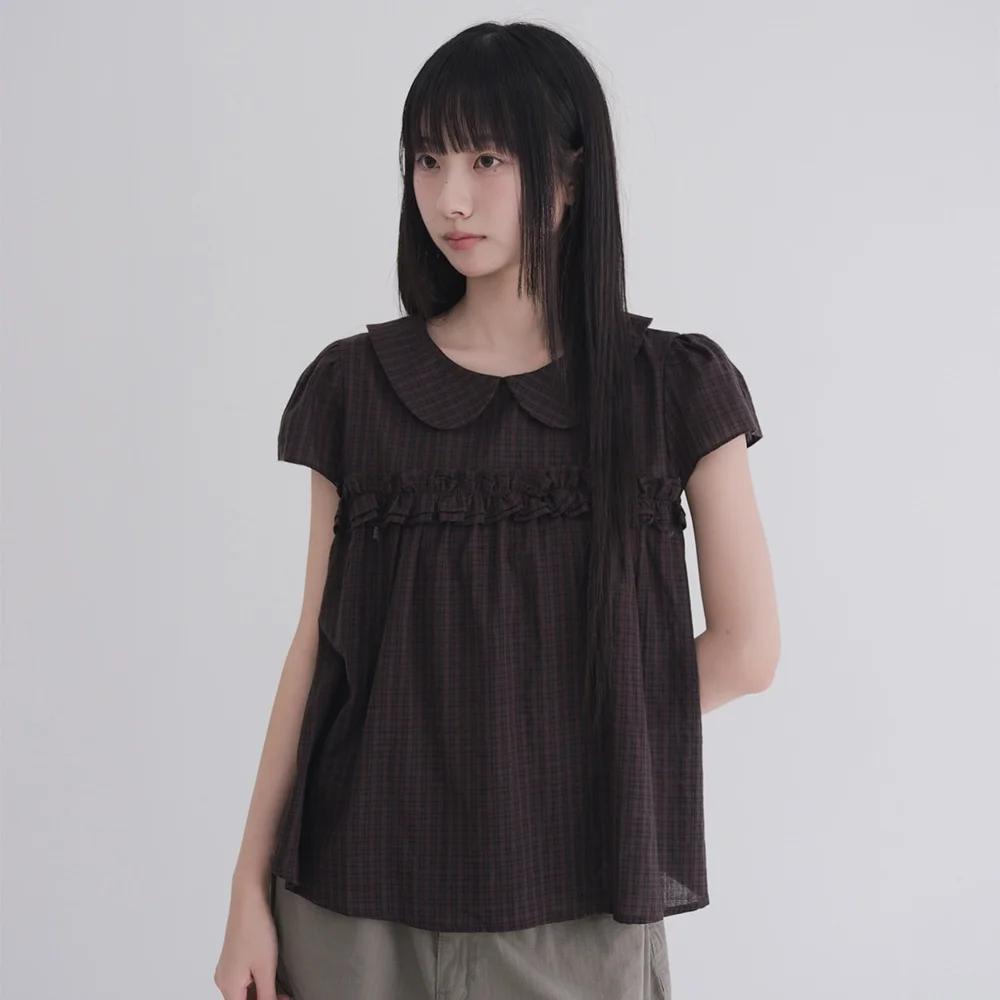 Ретро-корейская рубашка в клетку с коротким рукавом, свободного кроя, с воротником «Питер Пэн» и оборками по низу, в стиле школьной формы, для женщин
Ретро-корейская рубашка в клетку с коротким рукавом, свободного кроя, с воротником «Питер Пэн» и оборками по низу, в стиле школьной формы, для женщин