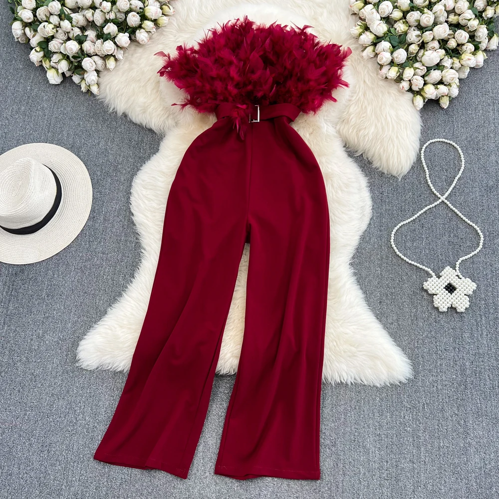 2023 Summer Luxury Designer Style Feather Tassel Bra Jumpsuit High Waist Slim Straight Leg Wide Leg Jumpsuit
2023 Summer Luxury Designer Style Feather Tassel Bra Jumpsuit High Waist Slim Straight Leg Wide Leg Jumpsuit