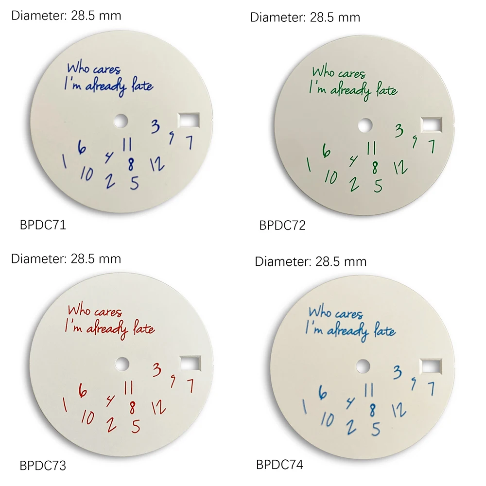 28.5mm Dial Who Cares I'm Already Late 5 Colors NH35 Dial NH36 Dial Watch Mod Parts
28.5mm Dial Who Cares I'm Already Late 5 Colors NH35 Dial NH36 Dial Watch Mod Parts